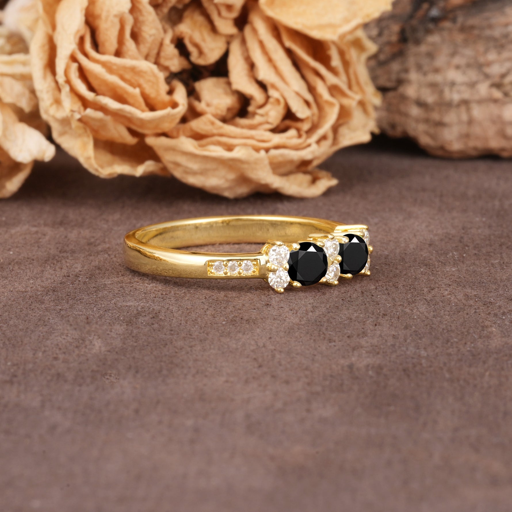 Unique and Luxurious 4-Prong Round Cut Black Onyx Wedding Ring - Additional view