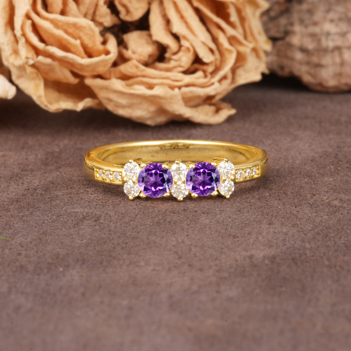 Unique and Luxurious 4-Prong Round Cut Amethyst Wedding Ring - Additional view