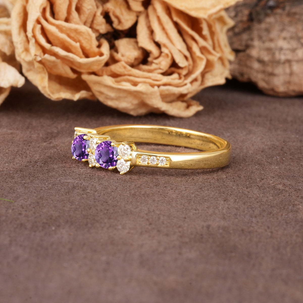 Unique and Luxurious 4-Prong Round Cut Amethyst Wedding Ring - Additional view