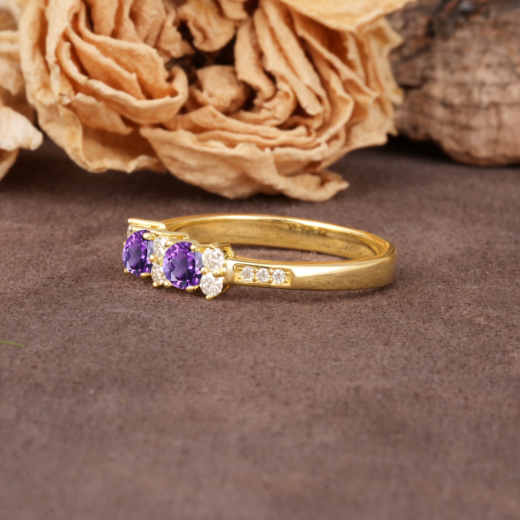 Unique and Luxurious 4-Prong Round Cut Amethyst Wedding Ring - Additional view
