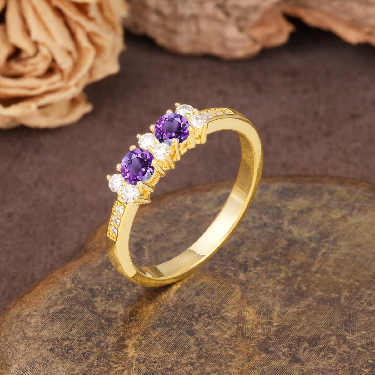 Unique and Luxurious 4-Prong Round Cut Amethyst Wedding Ring - Additional view