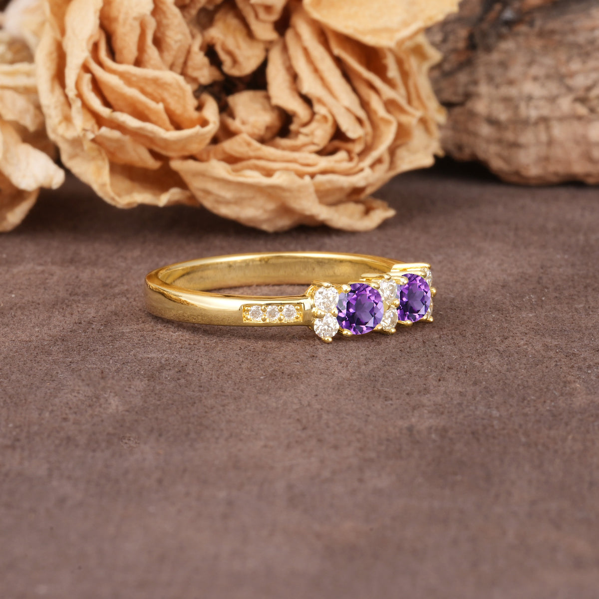 Unique and Luxurious 4-Prong Round Cut Amethyst Wedding Ring - Additional view