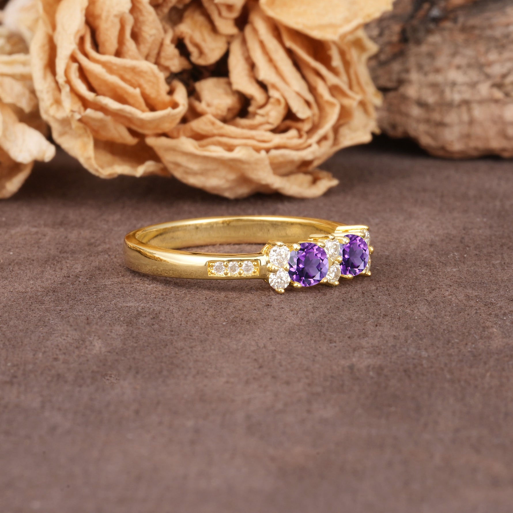 Unique and Luxurious 4-Prong Round Cut Amethyst Wedding Ring - Additional view