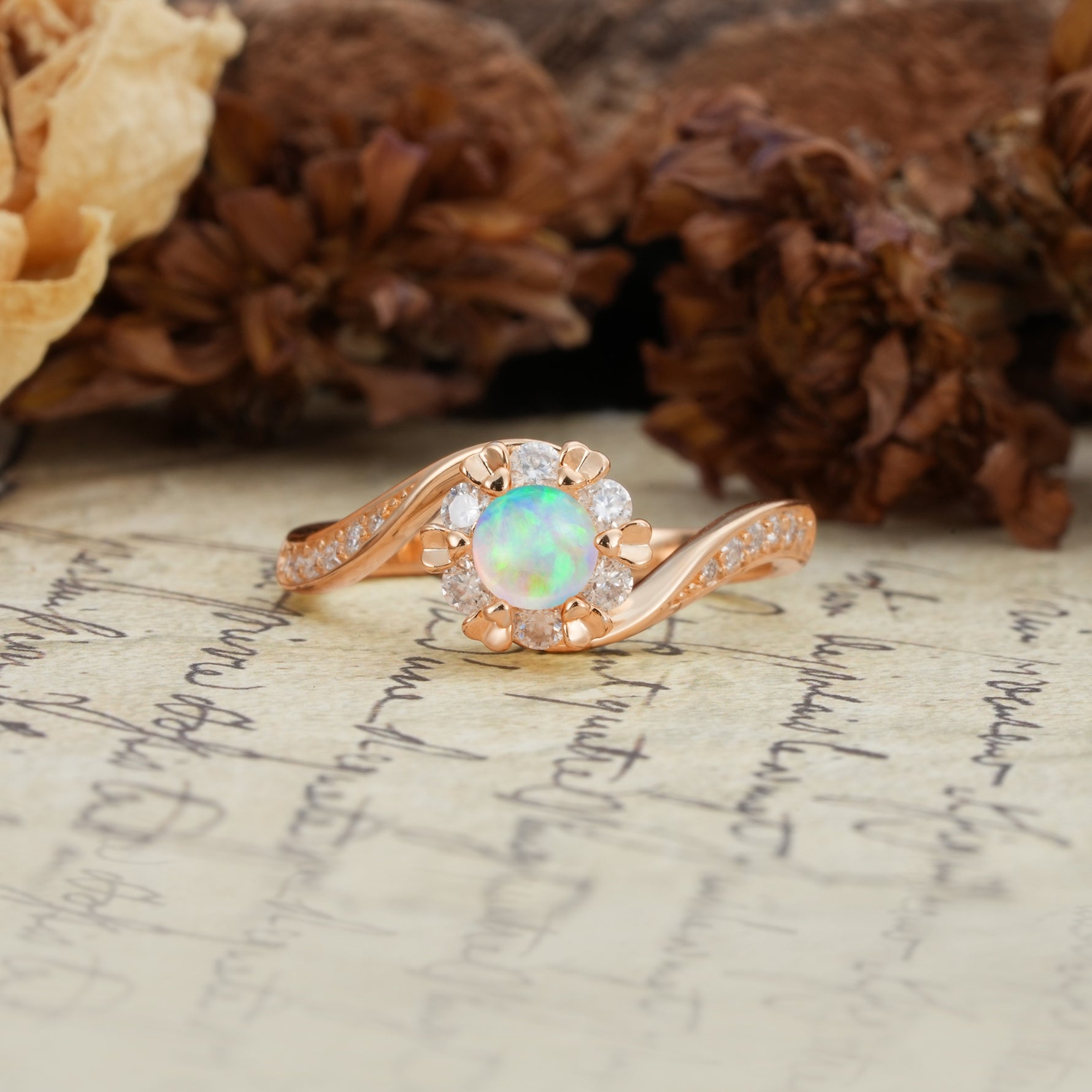 Nature-Inspired Twisted Flower 6-Prong Round Cut Fire Opal Engagement Ring - Additional view