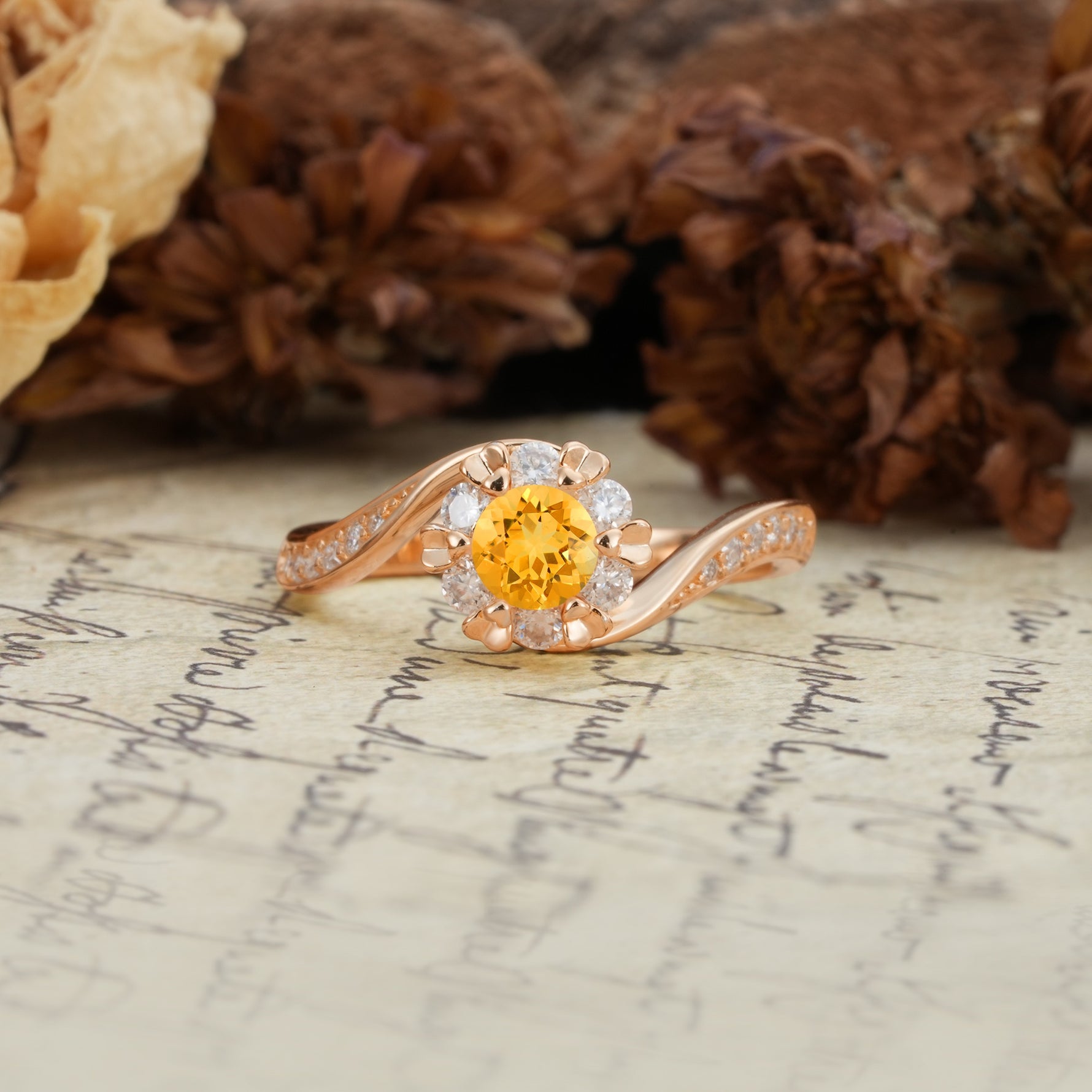 Nature-Inspired Twisted Flower 6-Prong Round Cut Citrine Engagement Ring - Additional view