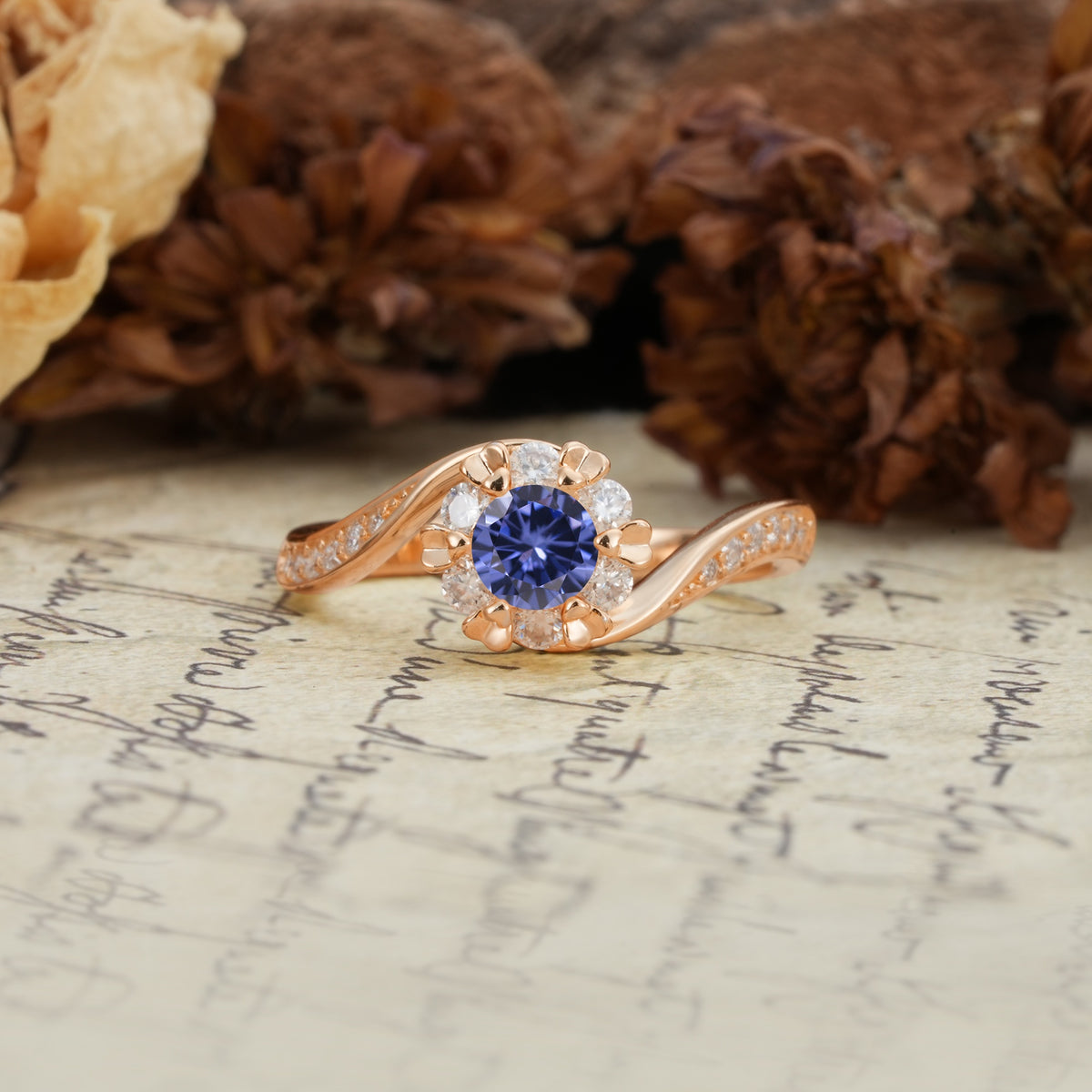 Nature-Inspired Twisted Flower 6-Prong Round Cut Tanzanite Engagement Ring - Additional view