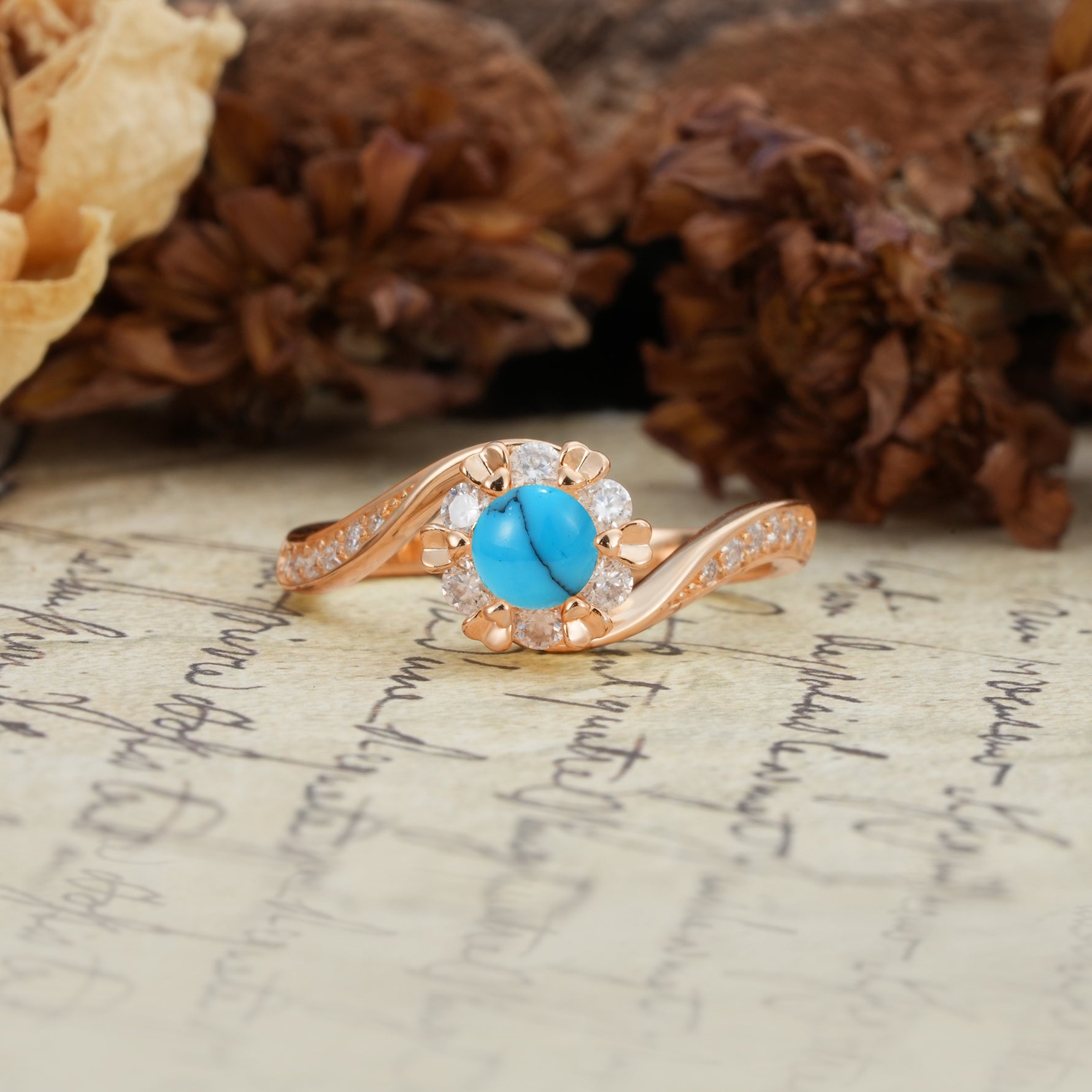 Nature-Inspired Twisted Flower 6-Prong Round Cut Turquoise Engagement Ring - Additional view