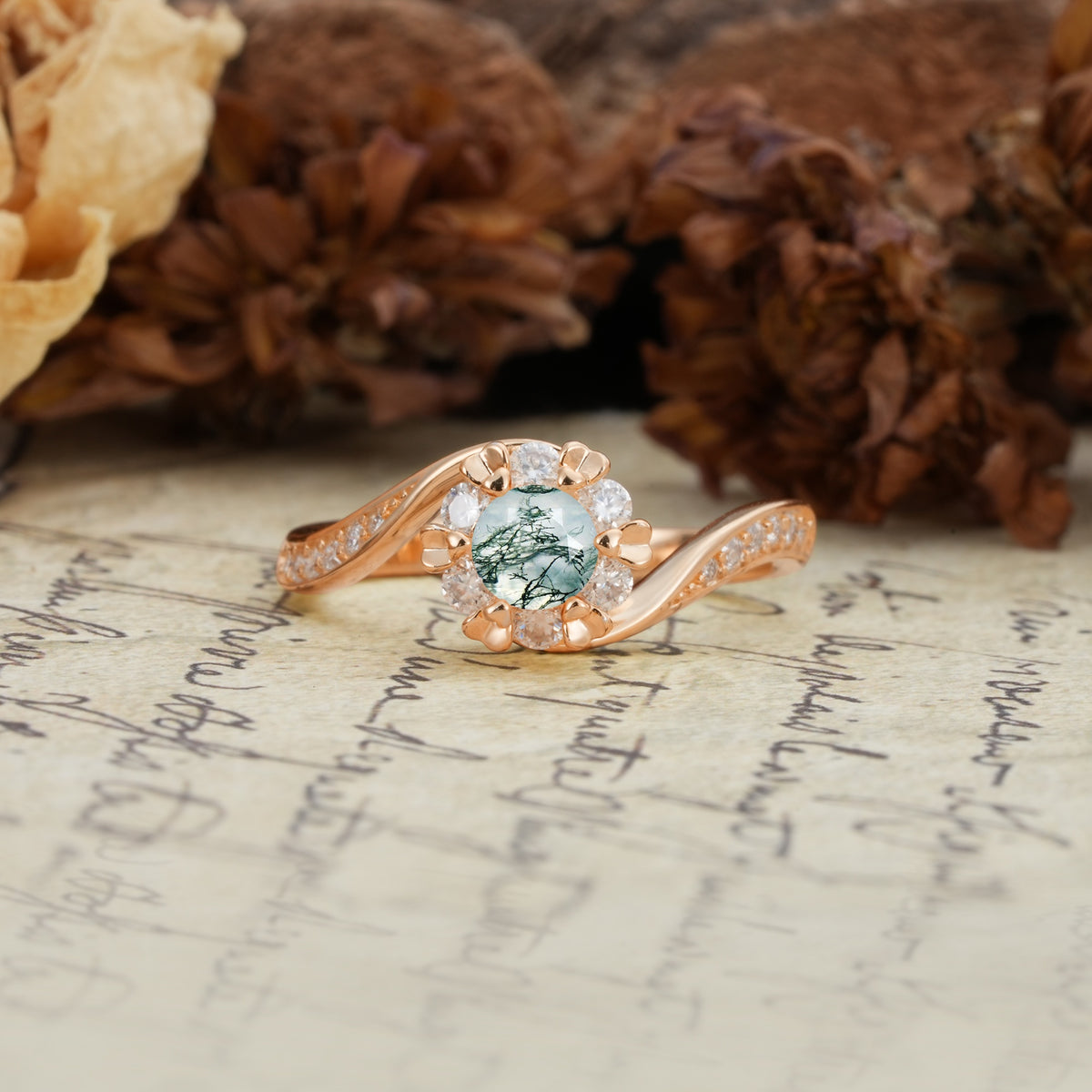 Nature-Inspired Twisted Flower 6-Prong Round Cut Moss Agate Engagement Ring - Additional view