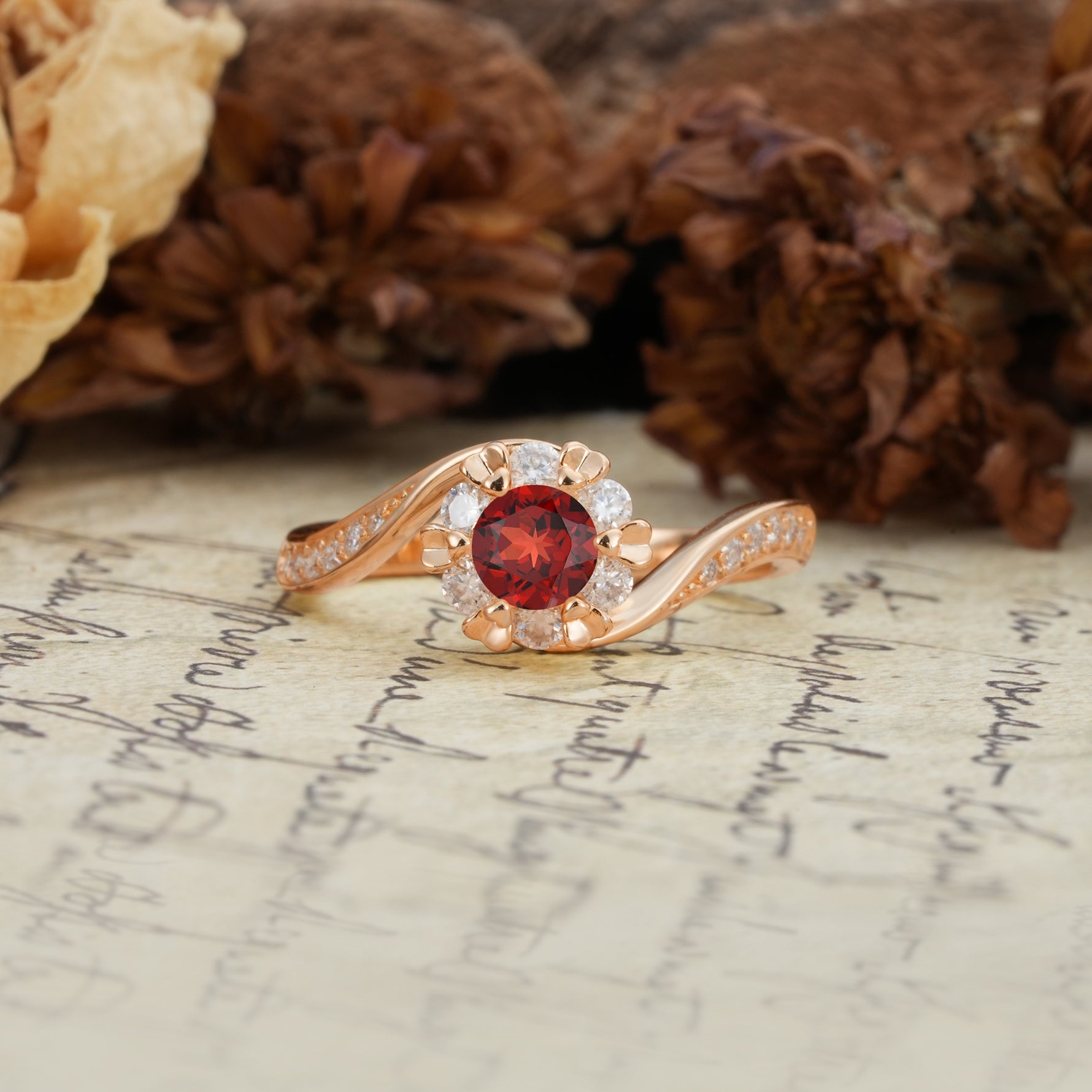 Nature-Inspired Twisted Flower 6-Prong Round Cut Garnet Engagement Ring - Additional view
