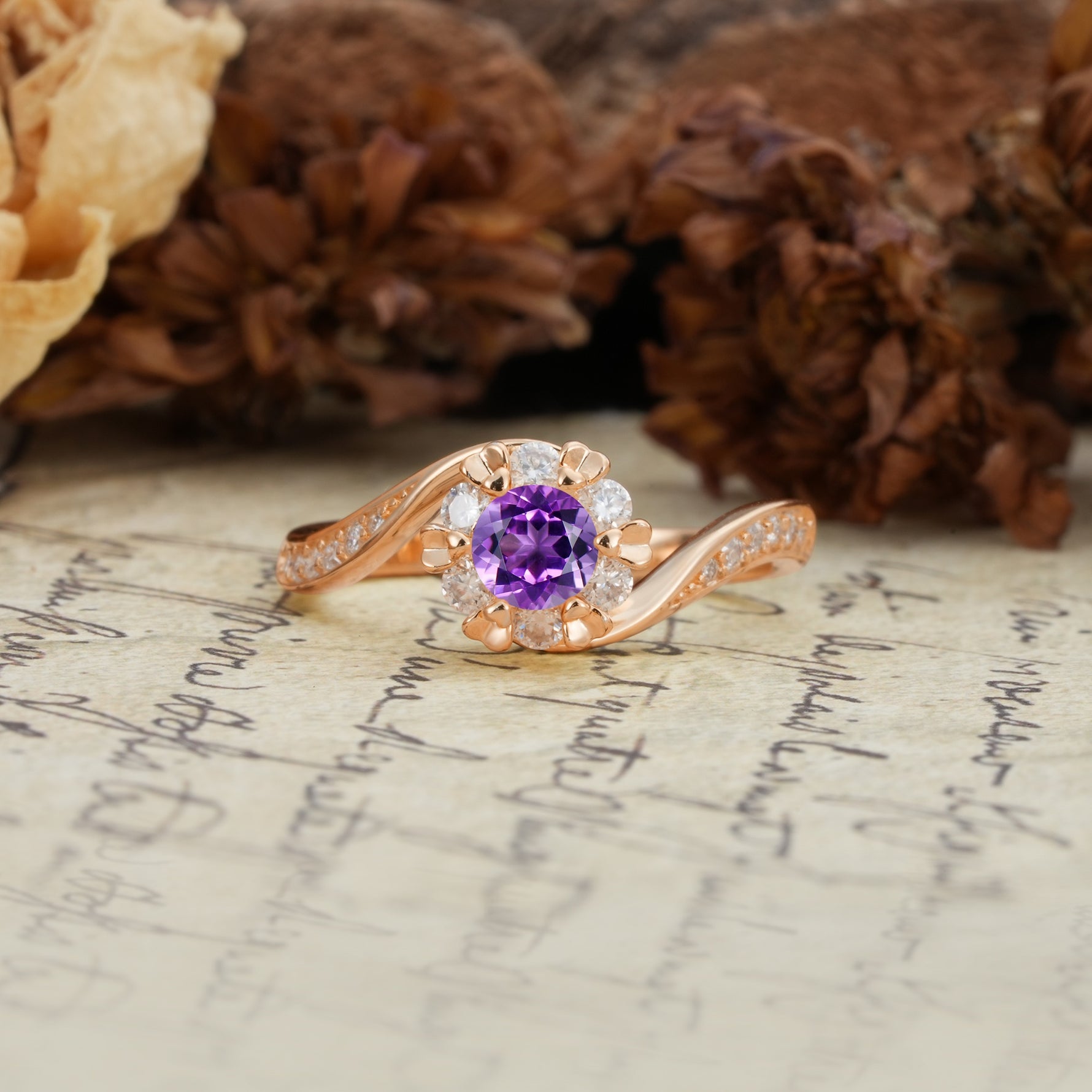 Nature-Inspired Twisted Flower 6-Prong Round Cut Amethyst Engagement Ring - Additional view