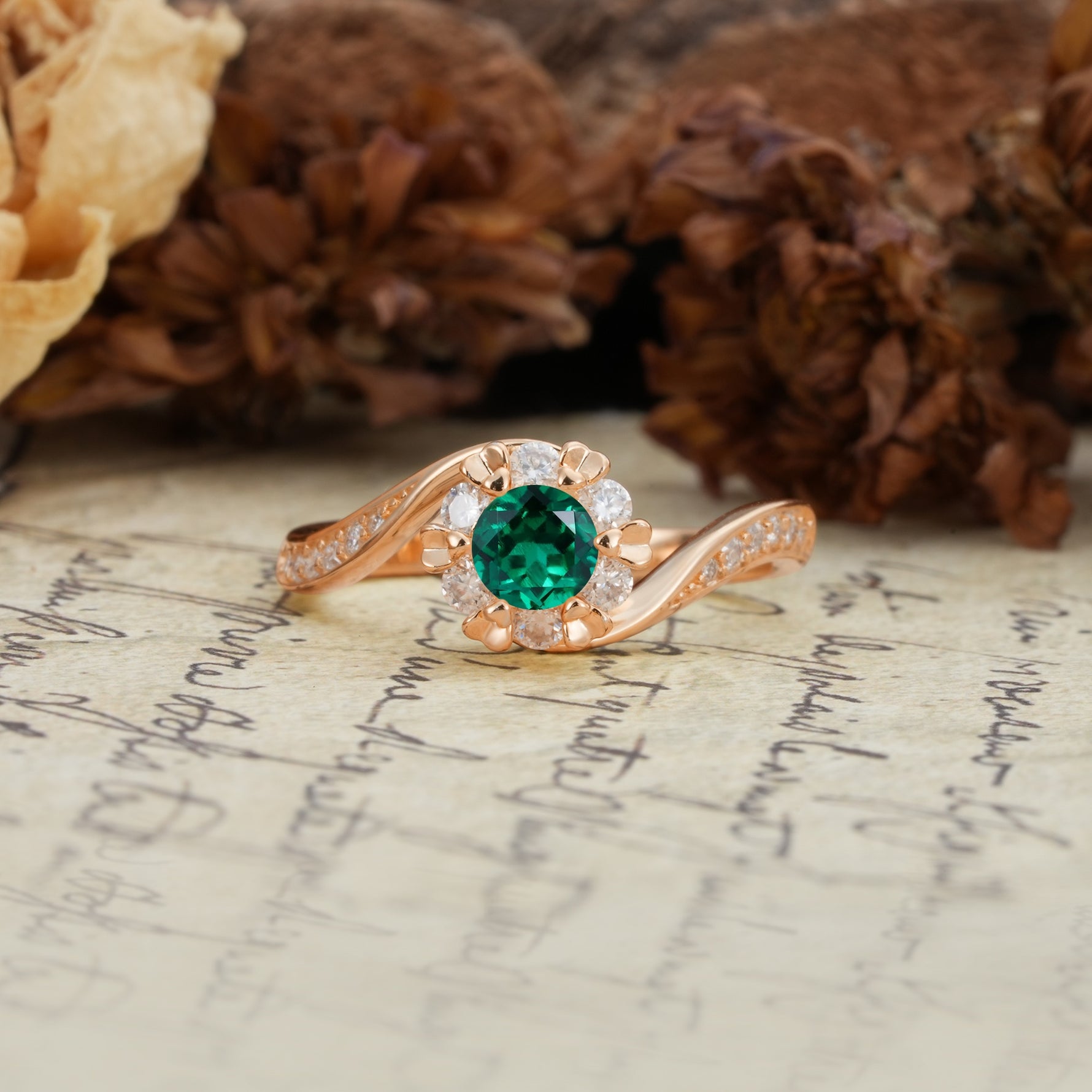 Nature-Inspired Twisted Flower 6-Prong Round Cut Emerald Engagement Ring - Additional view