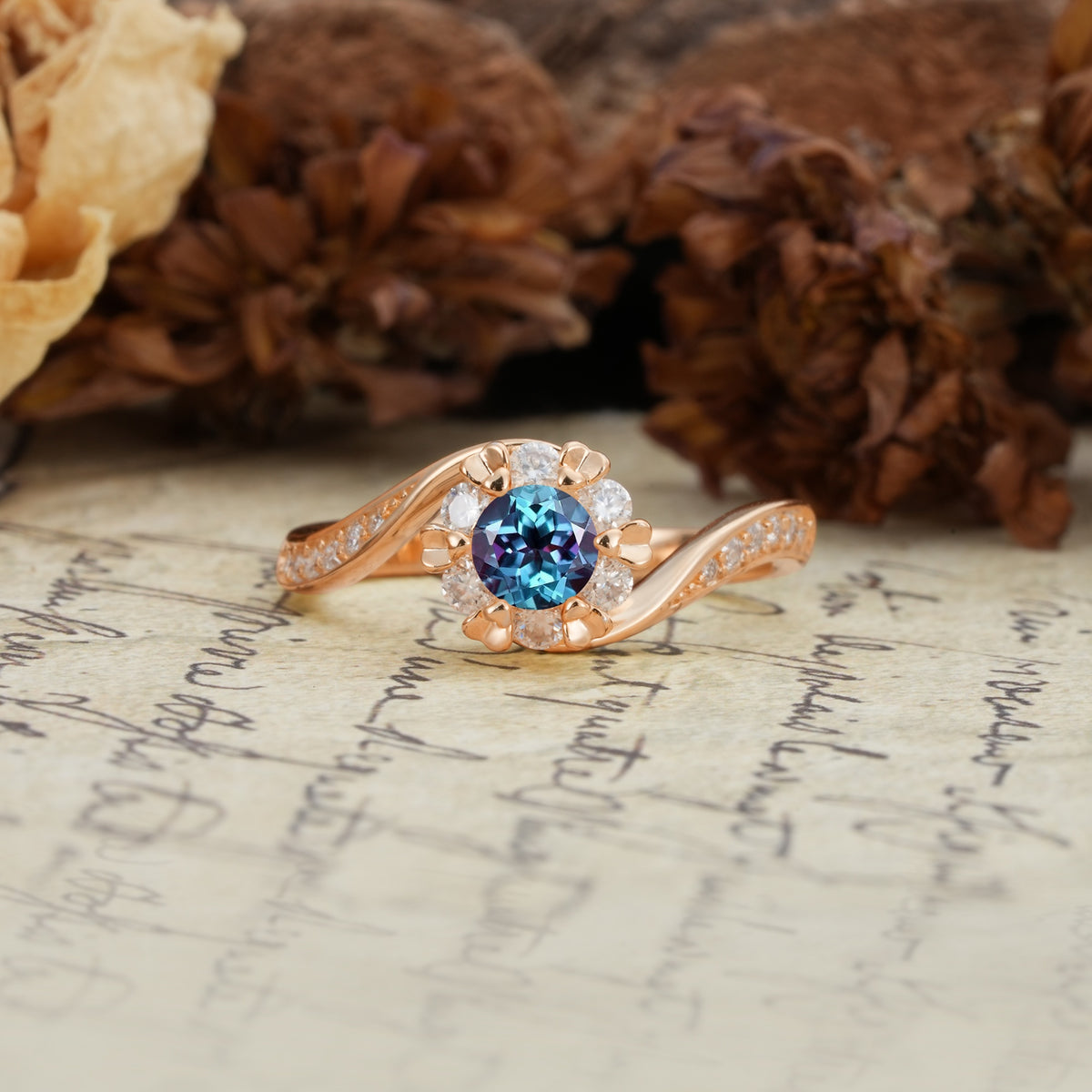Nature-Inspired Twisted Flower 6-Prong Round Cut Alexandrite Engagement Ring - Additional view