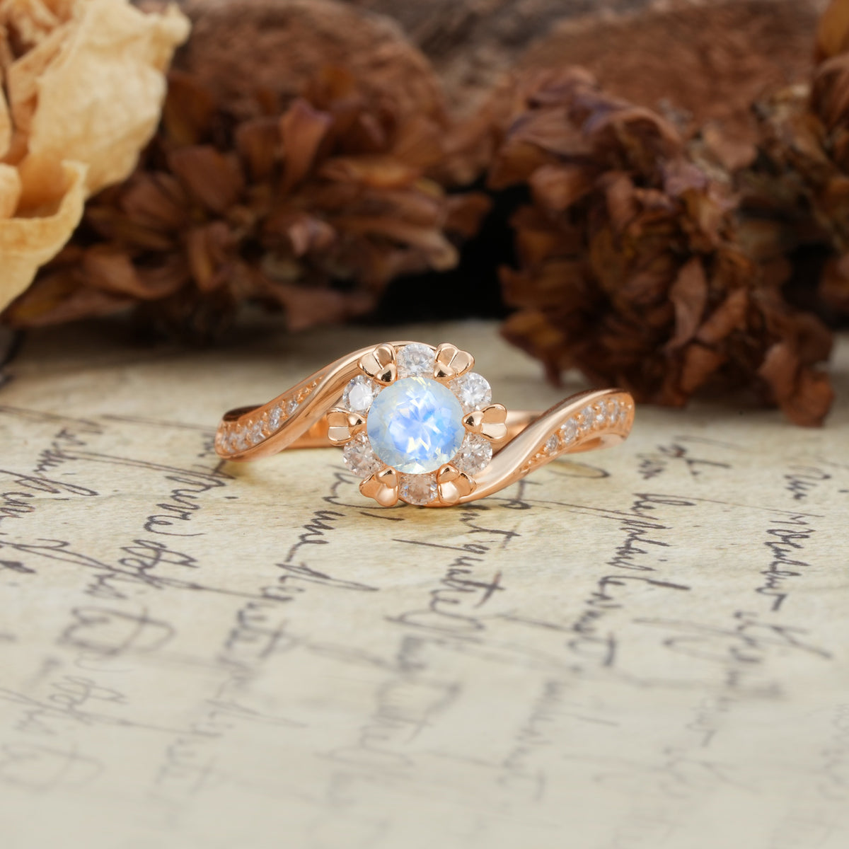 Nature-Inspired Twisted Flower 6-Prong Round Cut Moonstone Engagement Ring - Additional view