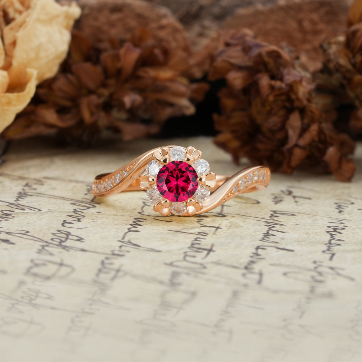 Nature-Inspired Twisted Flower 6-Prong Round Cut Ruby Engagement Ring - Additional view