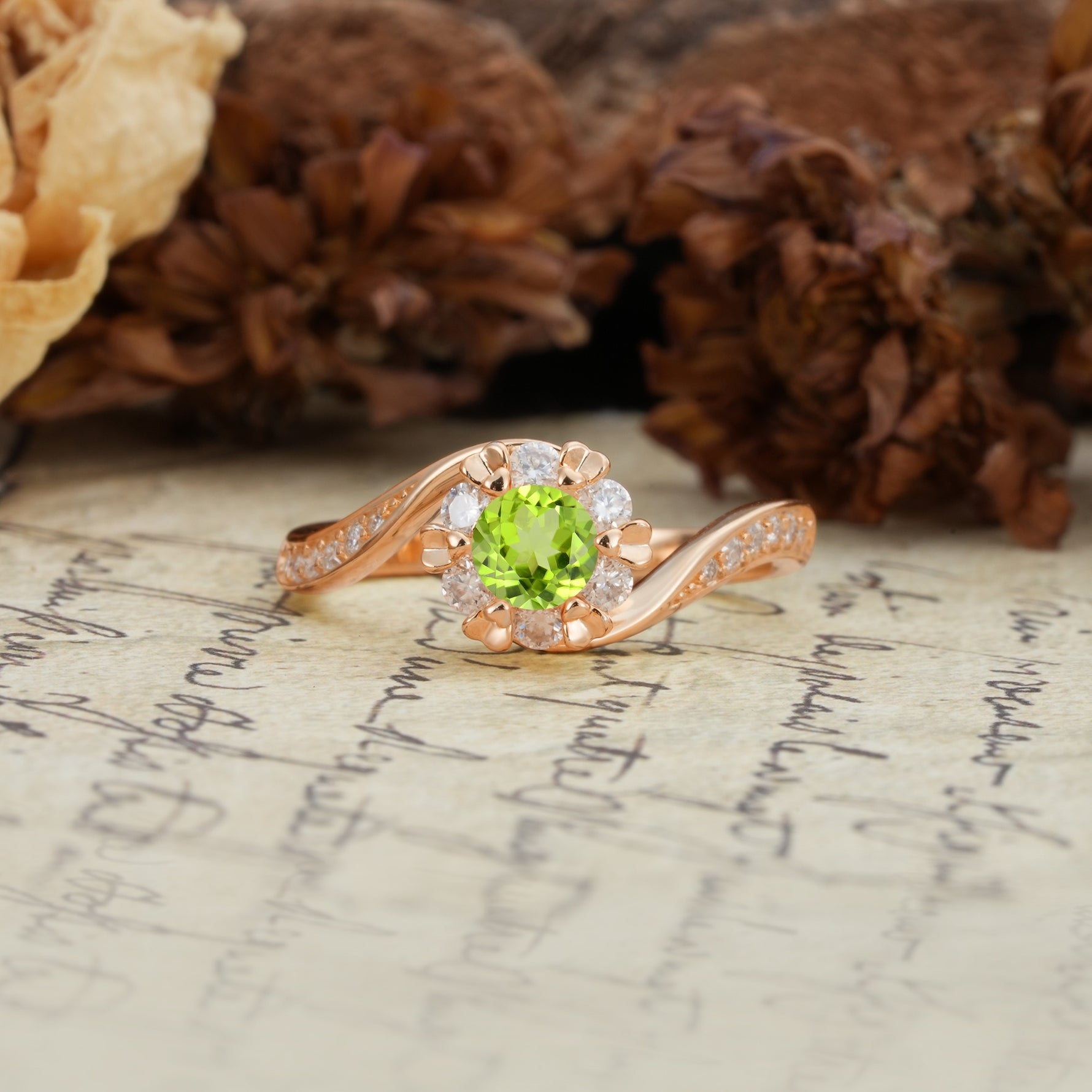 Nature-Inspired Twisted Flower 6-Prong Round Cut Peridot Engagement Ring - Additional view