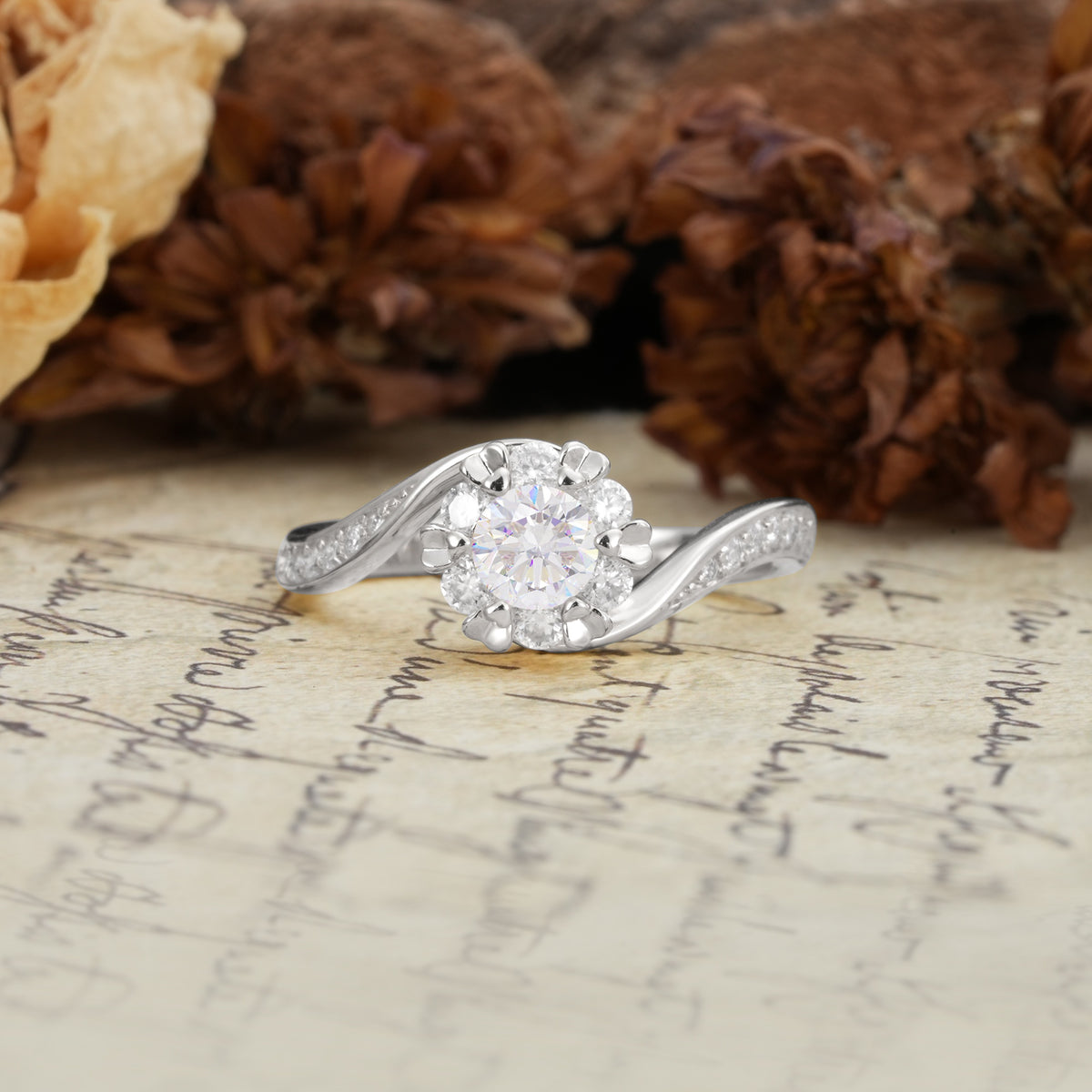 Nature-Inspired Twisted Flower 6-Prong Round Cut Moissanite Engagement Ring - Additional view