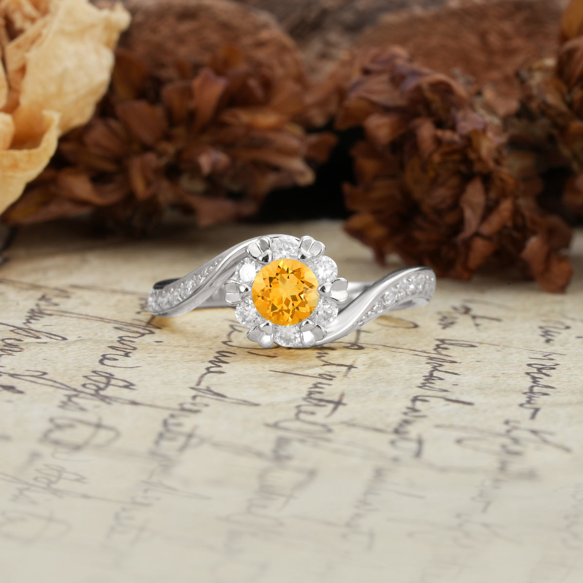 Nature-Inspired Twisted Flower 6-Prong Round Cut Citrine Engagement Ring - Additional view
