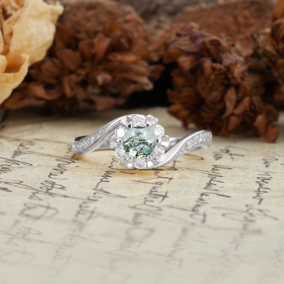 Nature-Inspired Twisted Flower 6-Prong Round Cut Moss Agate Engagement Ring - Additional view