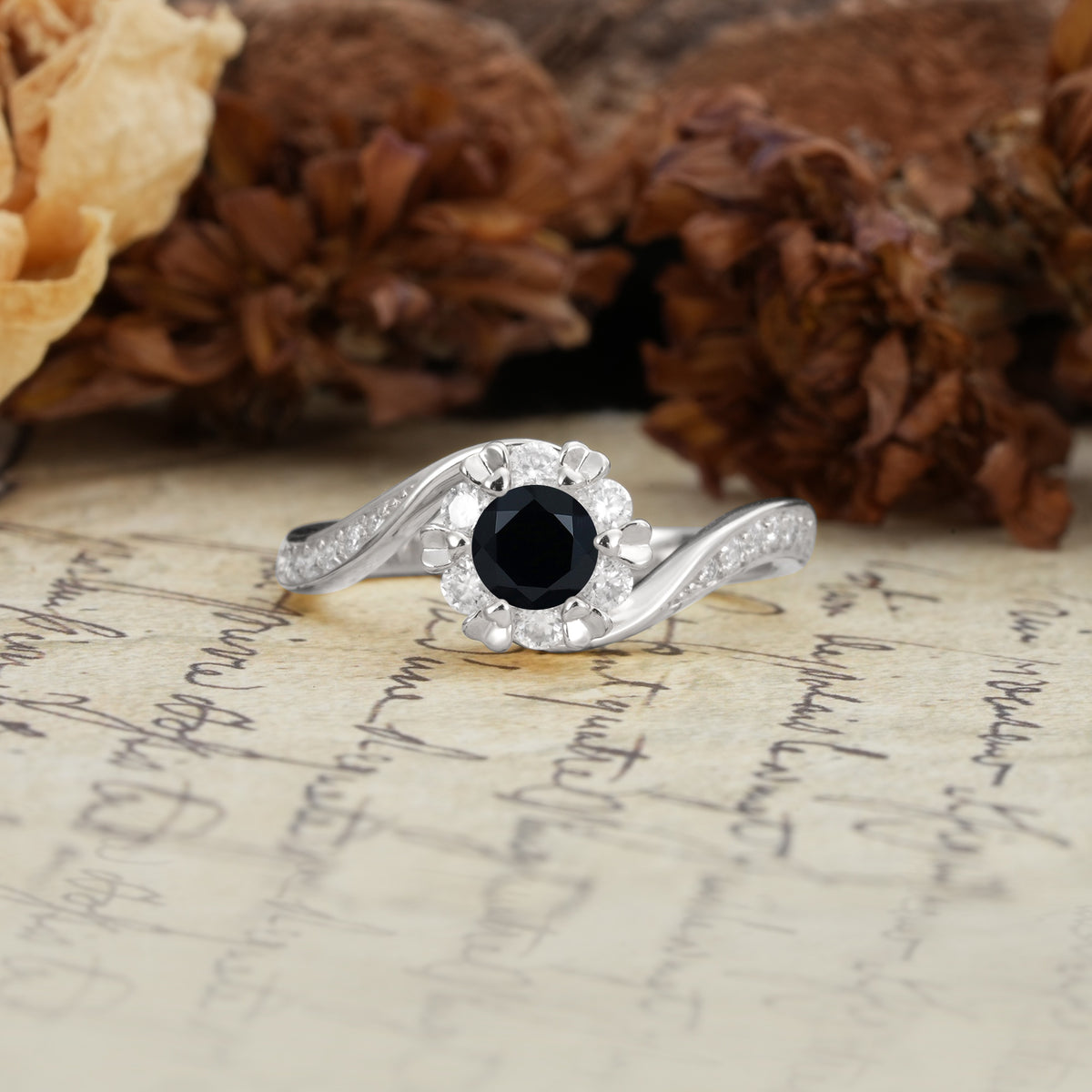 Nature-Inspired Twisted Flower 6-Prong Round Cut Black Onyx Engagement Ring - Additional view