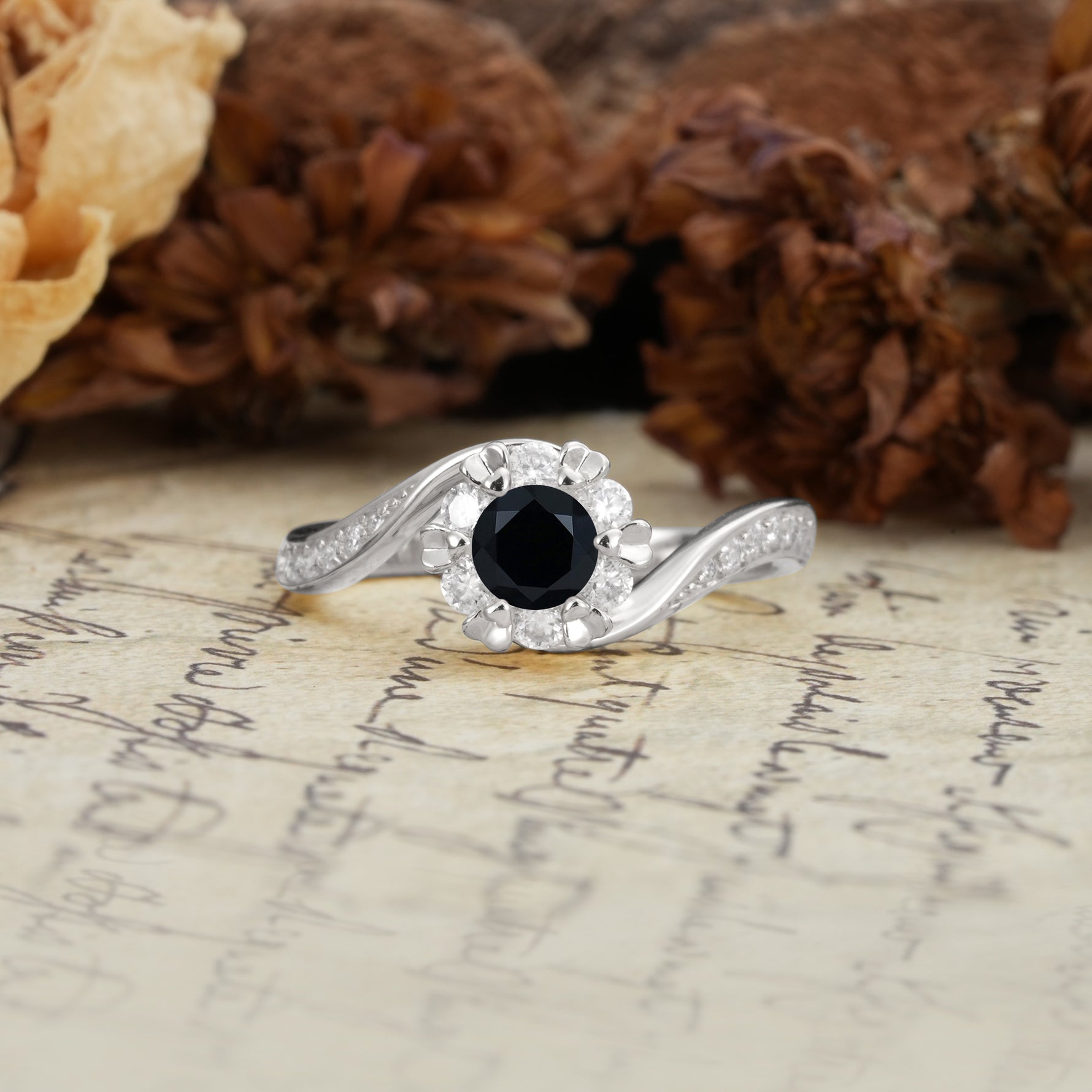 Nature-Inspired Twisted Flower 6-Prong Round Cut Black Onyx Engagement Ring - Additional view