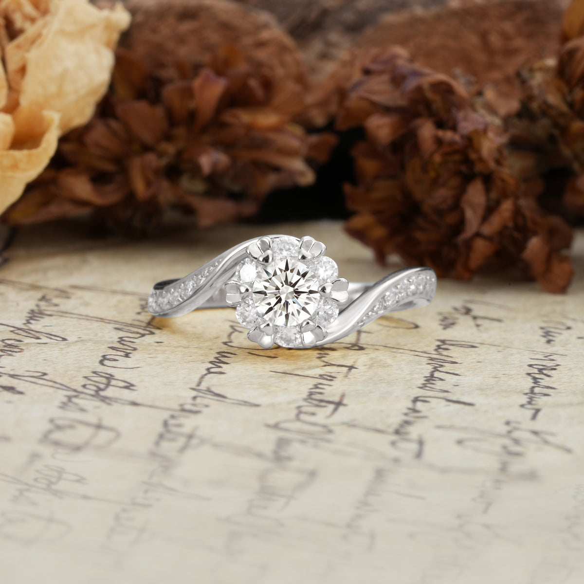 Nature-Inspired Twisted Flower 6-Prong Round Cut Lab Diamond Engagement Ring - Additional view