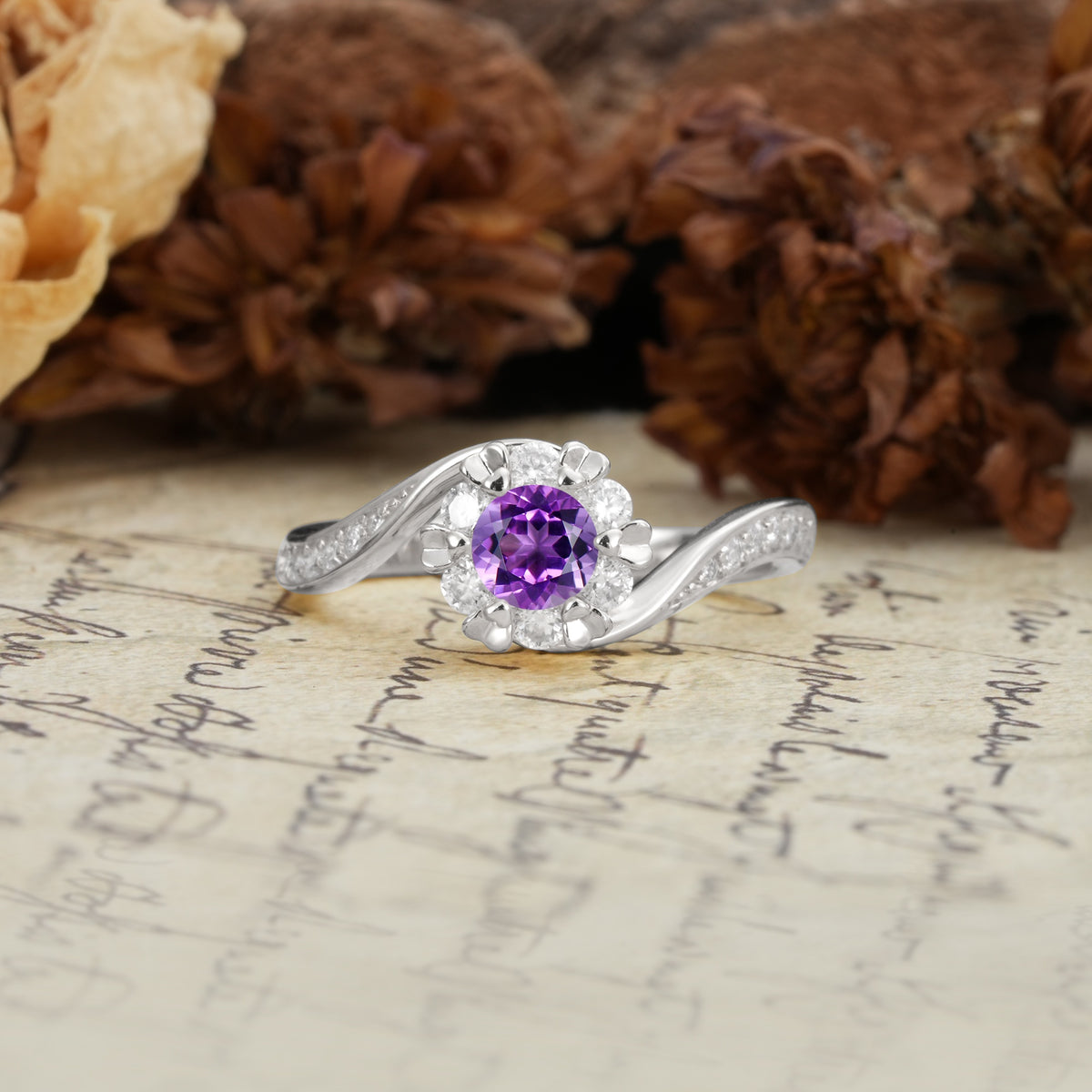 Nature-Inspired Twisted Flower 6-Prong Round Cut Amethyst Engagement Ring - Additional view