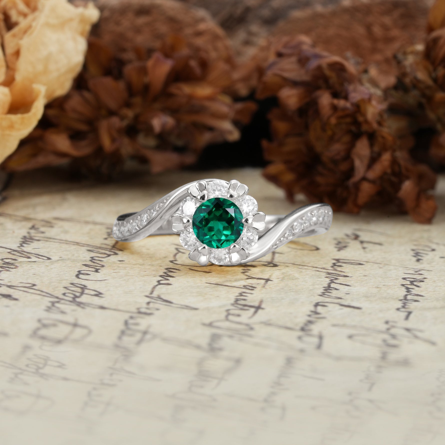 Nature-Inspired Twisted Flower 6-Prong Round Cut Emerald Engagement Ring - Additional view
