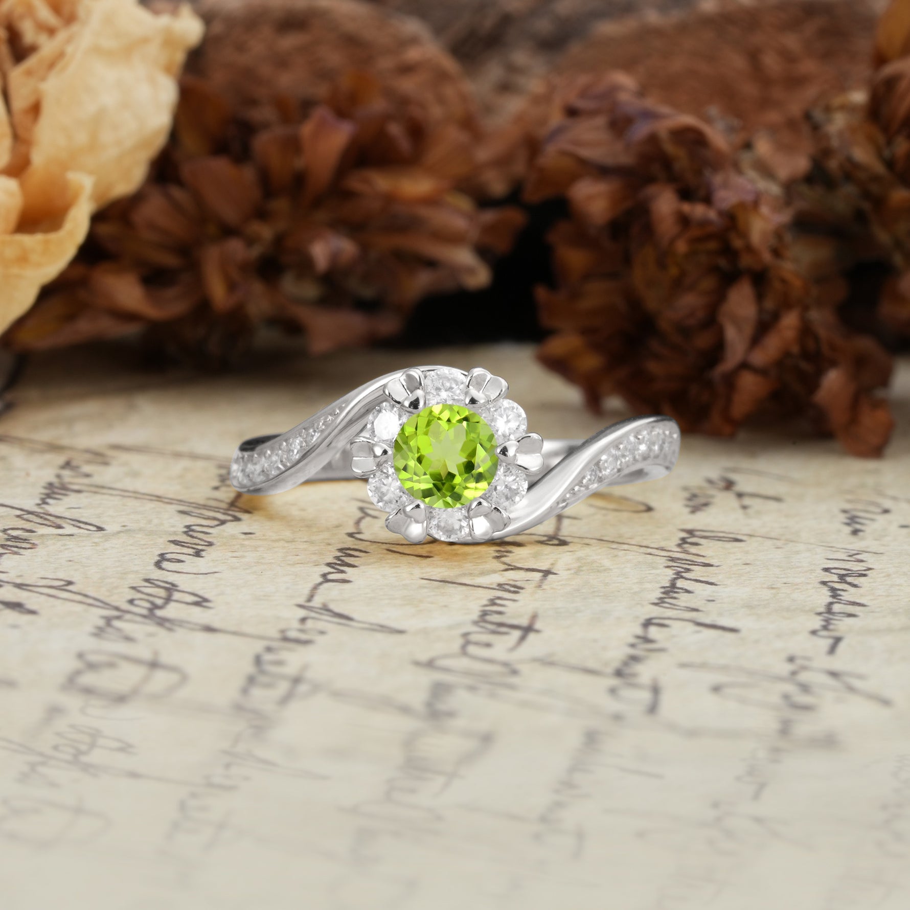 Nature-Inspired Twisted Flower 6-Prong Round Cut Peridot Engagement Ring - Additional view