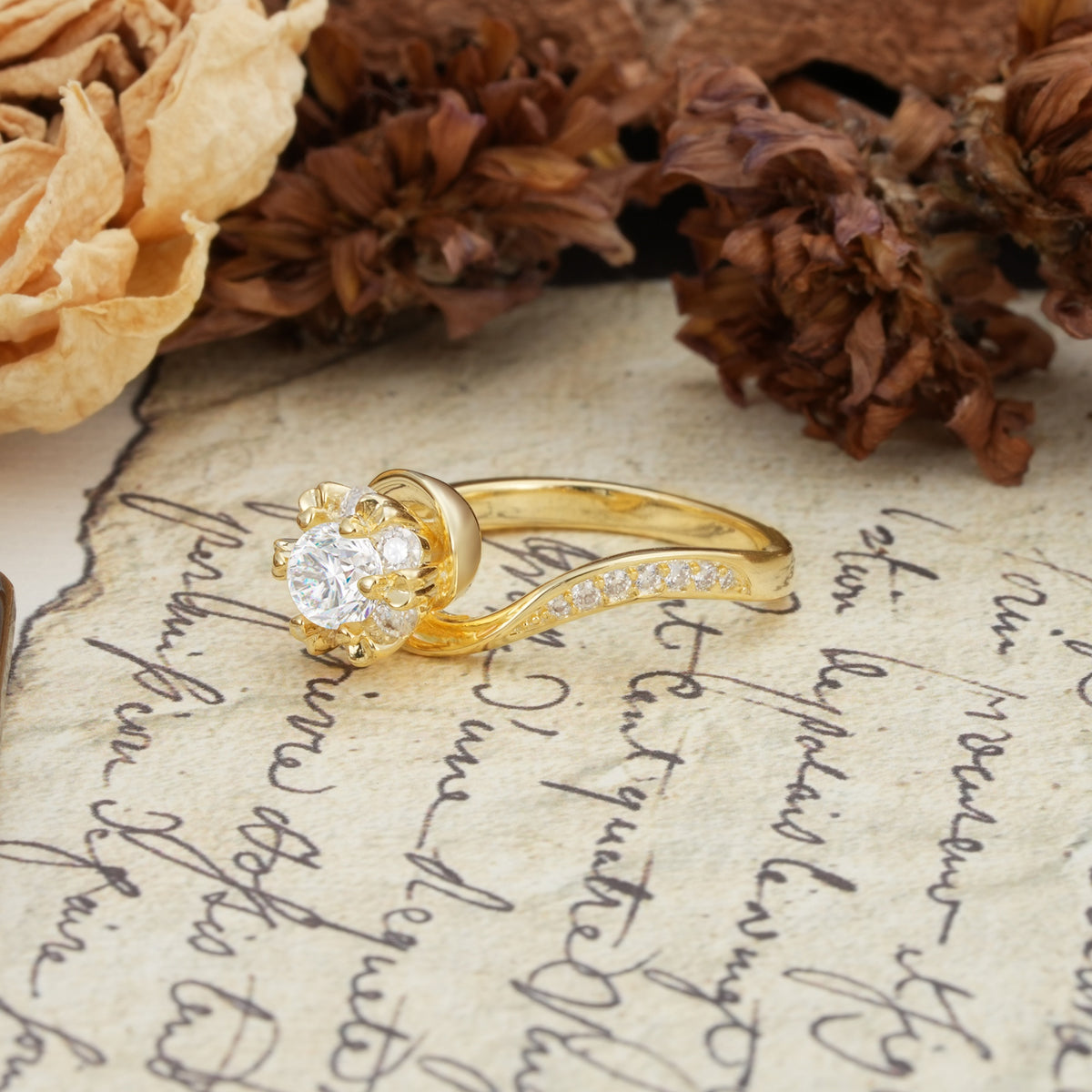 Nature-Inspired Twisted Flower 6-Prong Round Cut Moissanite Engagement Ring - Additional view