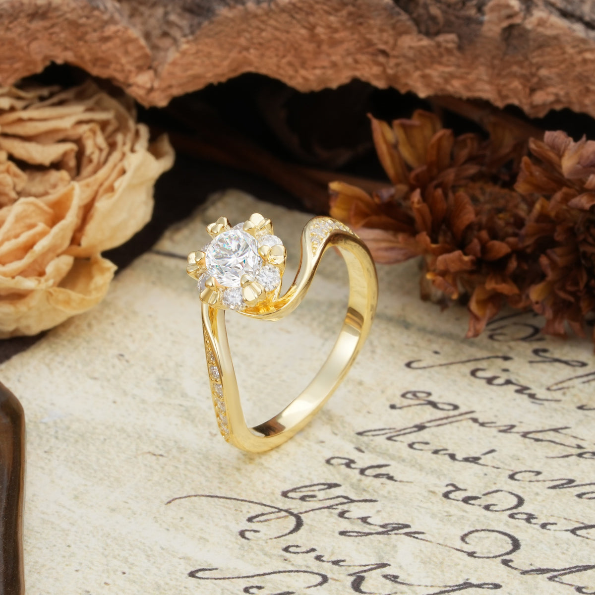 Nature-Inspired Twisted Flower 6-Prong Round Cut Moissanite Engagement Ring - Additional view