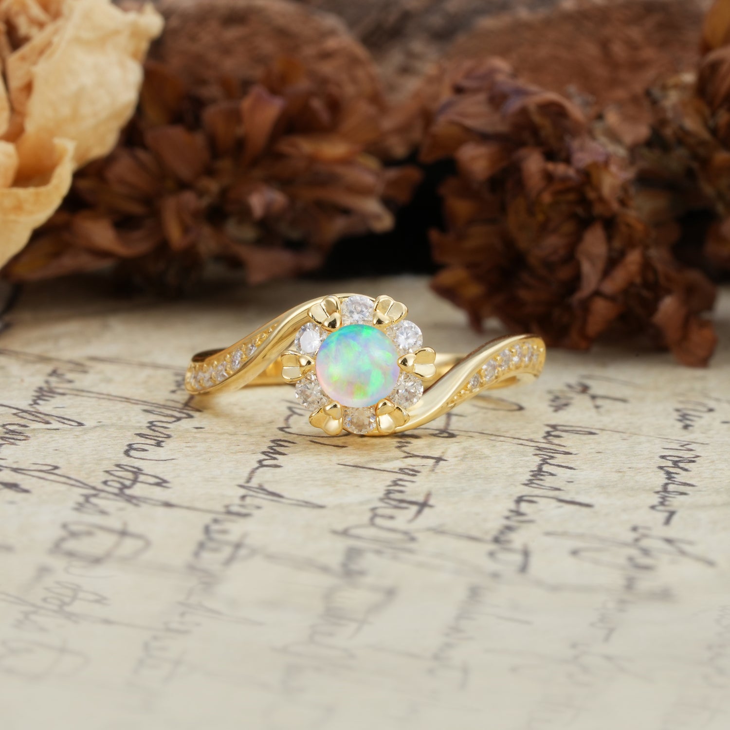 Nature-Inspired Twisted Flower 6-Prong Round Cut Fire Opal Engagement Ring