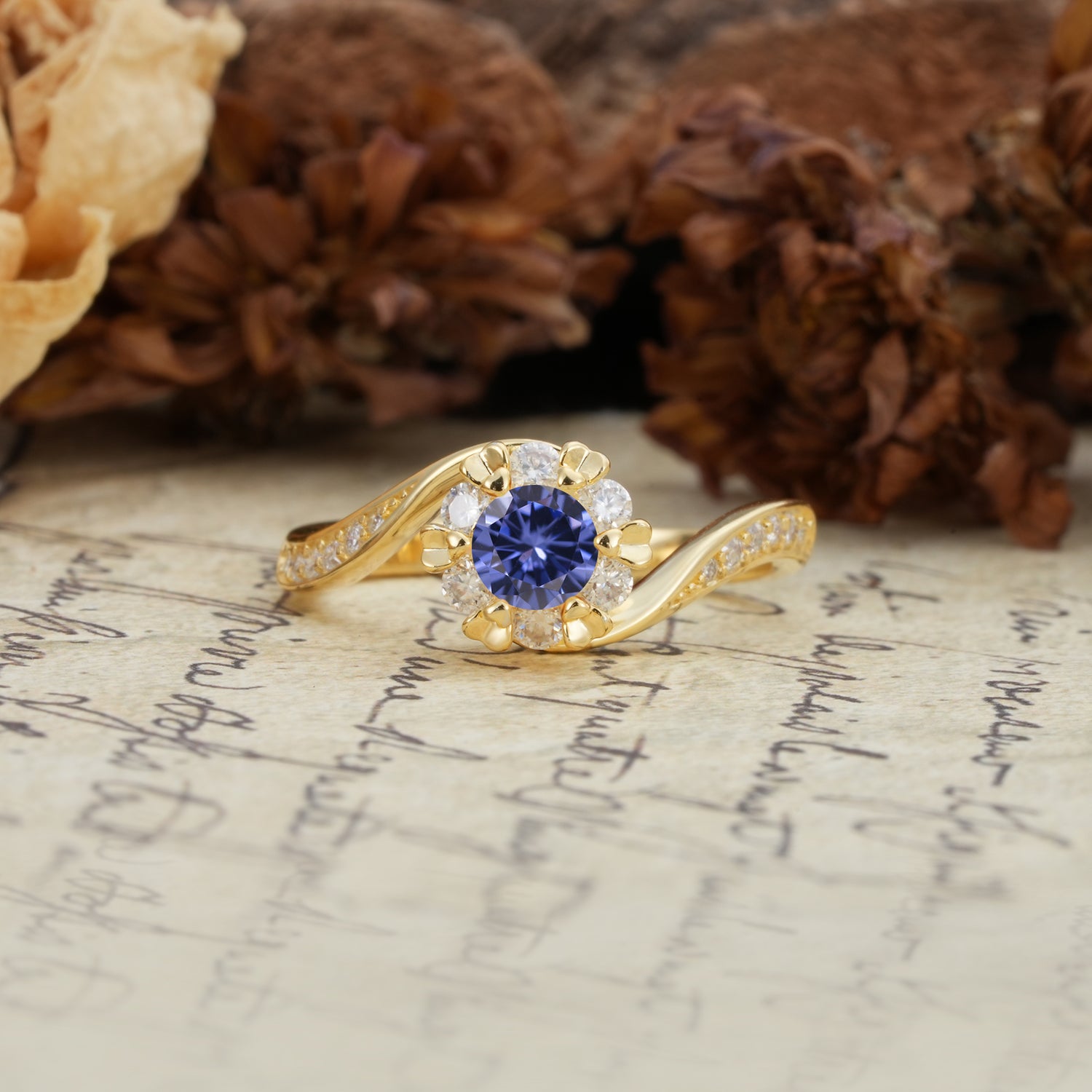 Nature-Inspired Twisted Flower 6-Prong Round Cut Tanzanite Engagement Ring