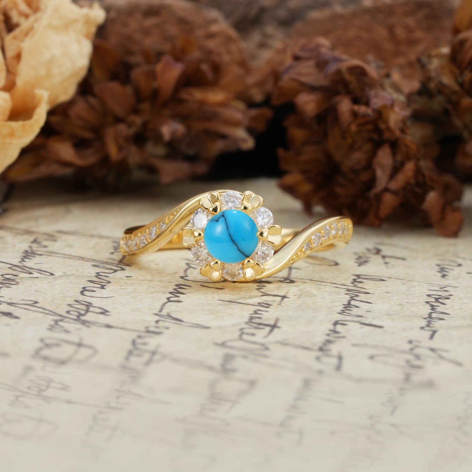 Nature-Inspired Twisted Flower 6-Prong Round Cut Turquoise Engagement Ring
