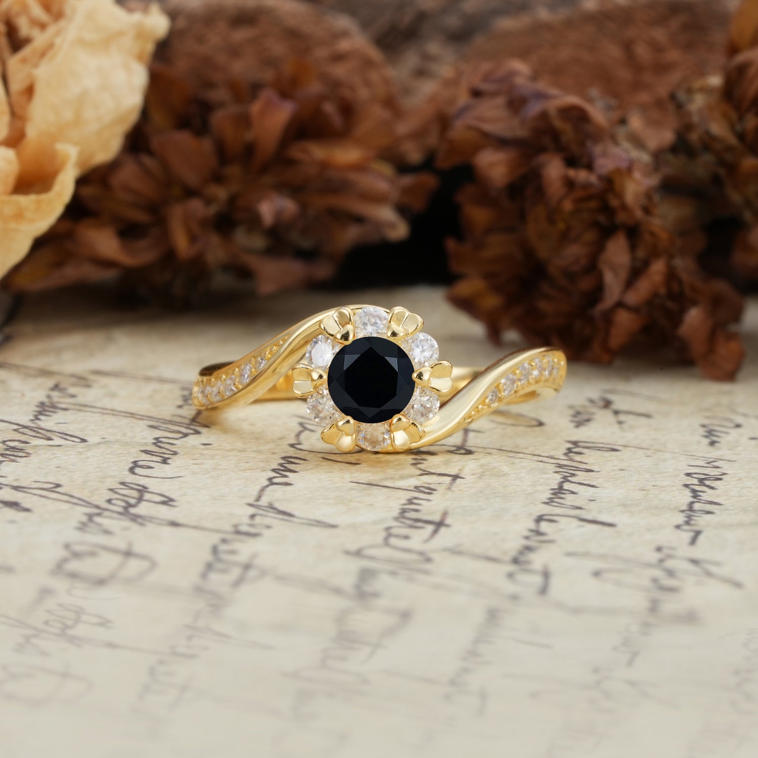 Nature-Inspired Twisted Flower 6-Prong Round Cut Black Onyx Engagement Ring