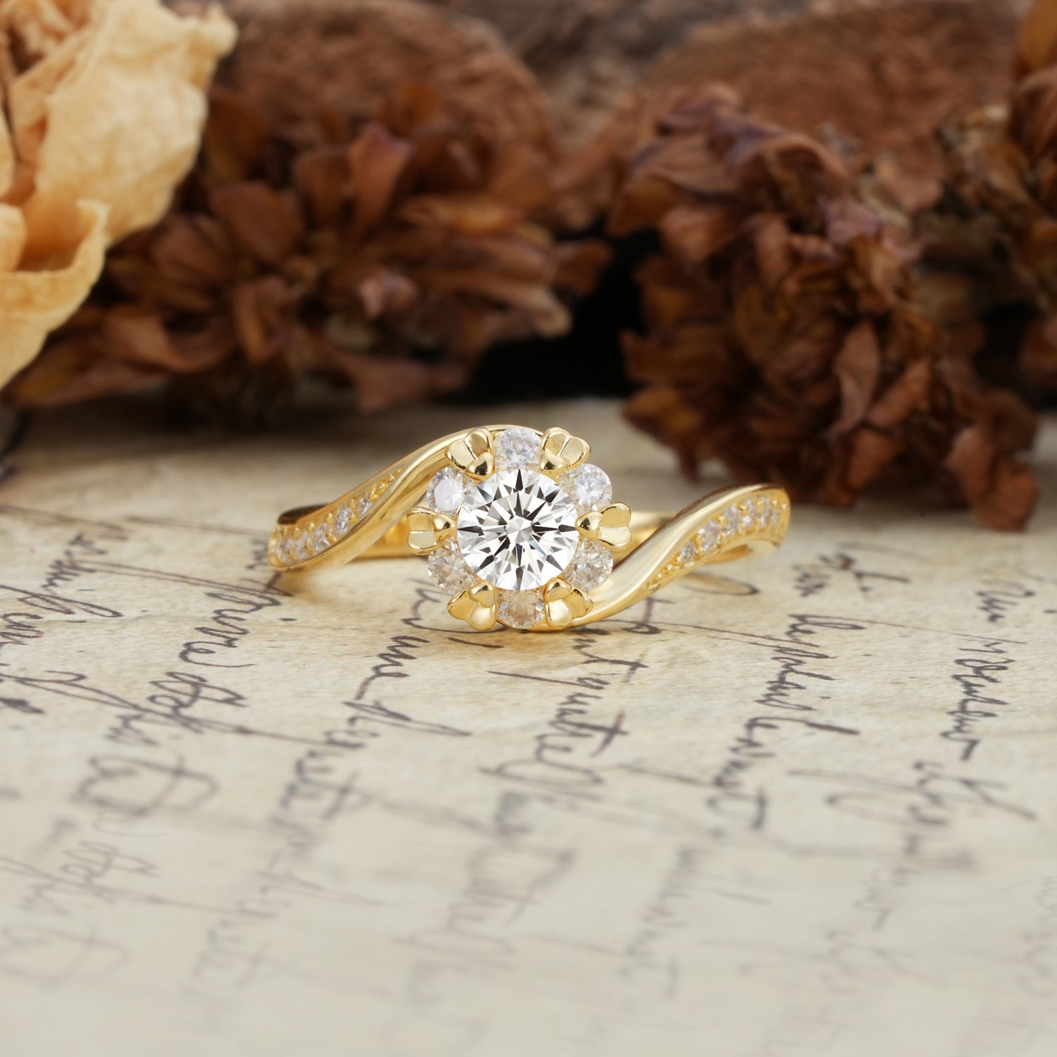 Nature-Inspired Twisted Flower 6-Prong Round Cut Lab Diamond Engagement Ring