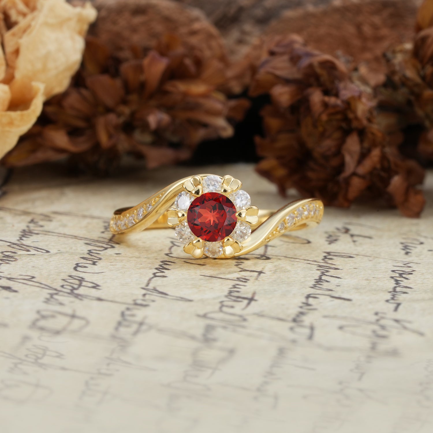 Nature-Inspired Twisted Flower 6-Prong Round Cut Garnet Engagement Ring