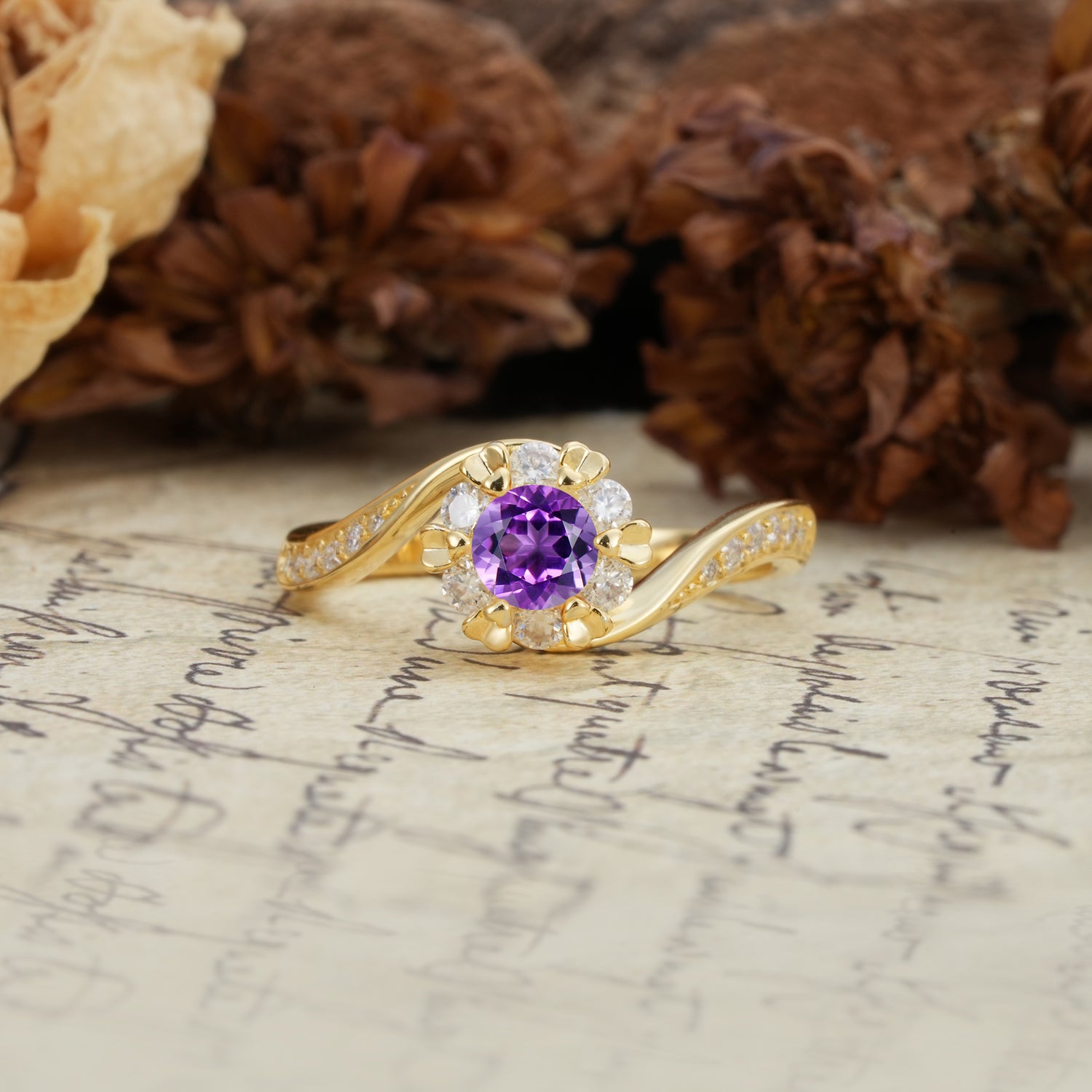Nature-Inspired Twisted Flower 6-Prong Round Cut Amethyst Engagement Ring