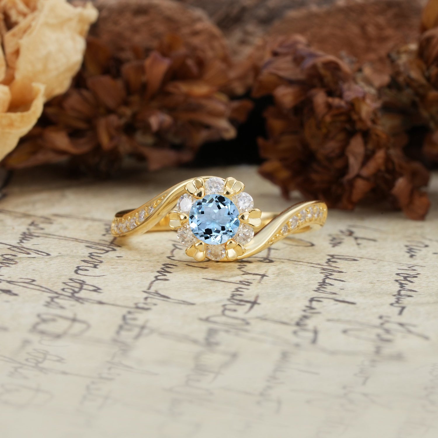 Nature-Inspired Twisted Flower 6-Prong Round Cut Aquamarine Engagement Ring