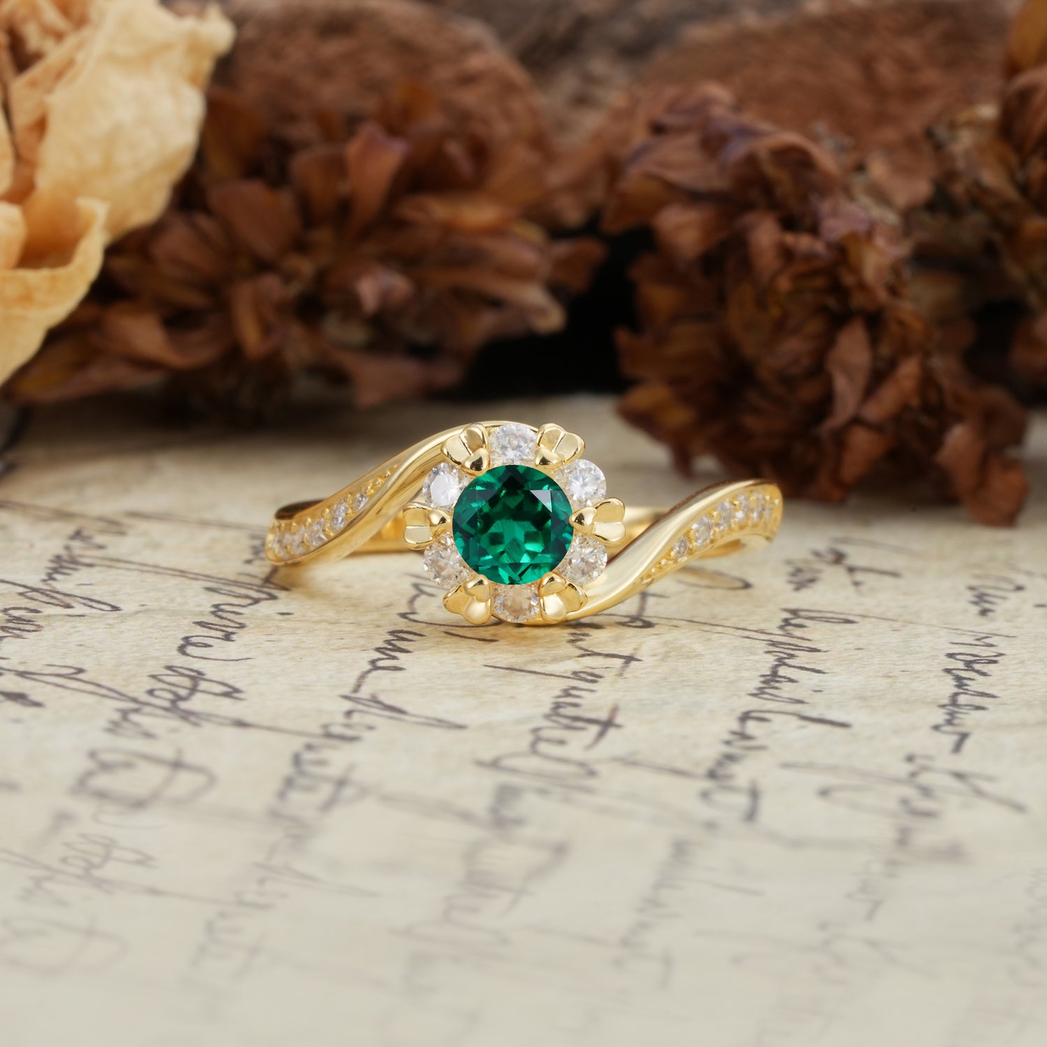 Nature-Inspired Twisted Flower 6-Prong Round Cut Emerald Engagement Ring