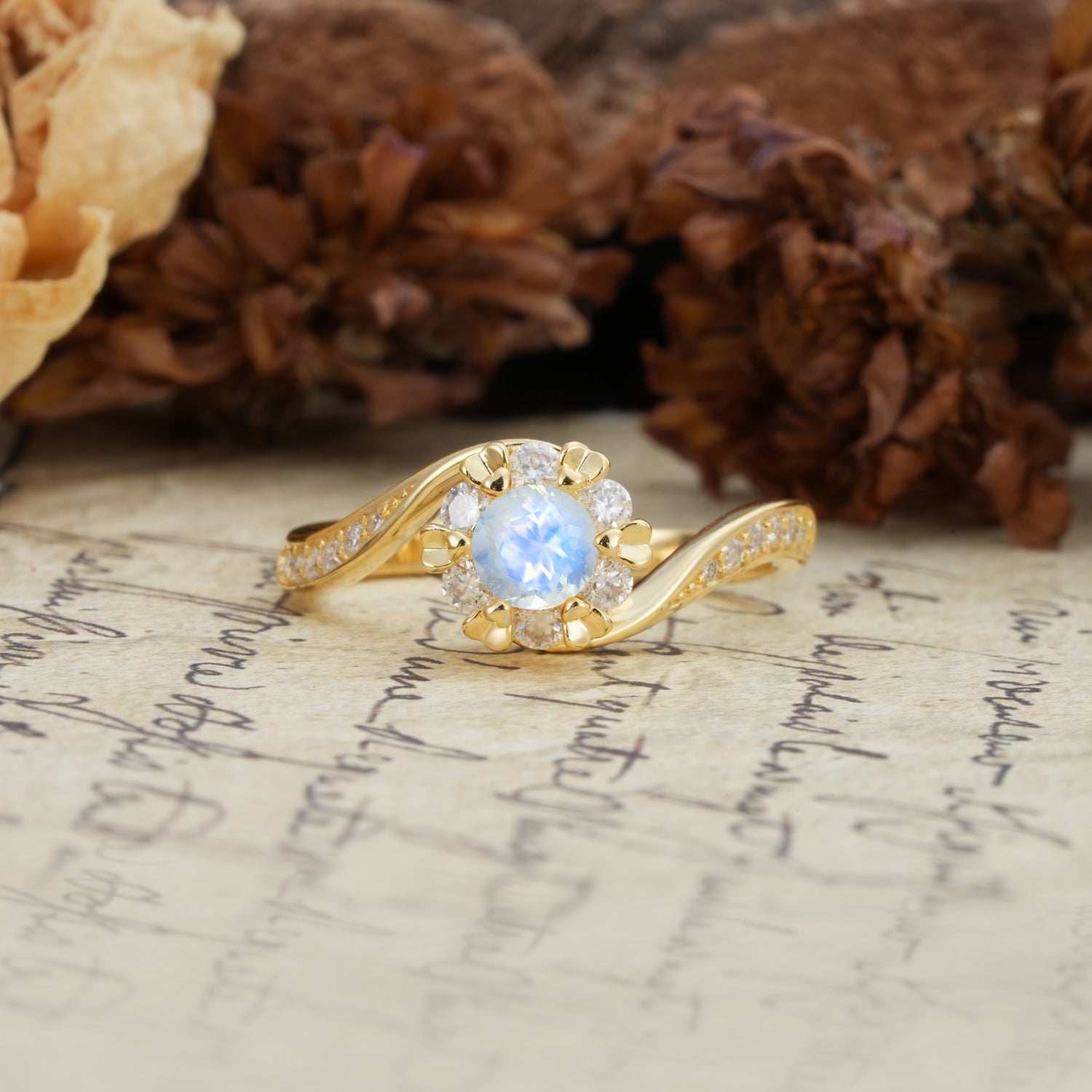 Nature-Inspired Twisted Flower 6-Prong Round Cut Moonstone Engagement Ring
