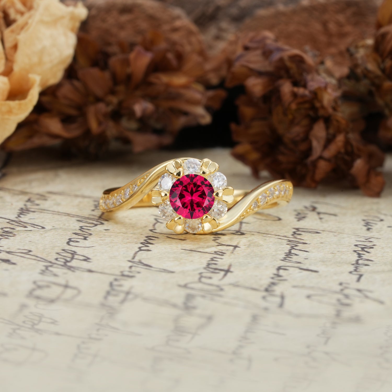 Nature-Inspired Twisted Flower 6-Prong Round Cut Ruby Engagement Ring