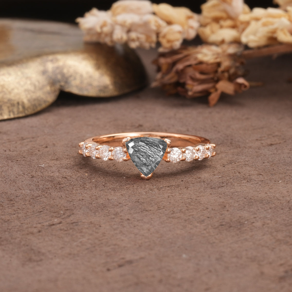 Unique and Luxurious Like 3-Prong Heart Cut Black Rutilated Quartz Engagement Ring - Additional view
