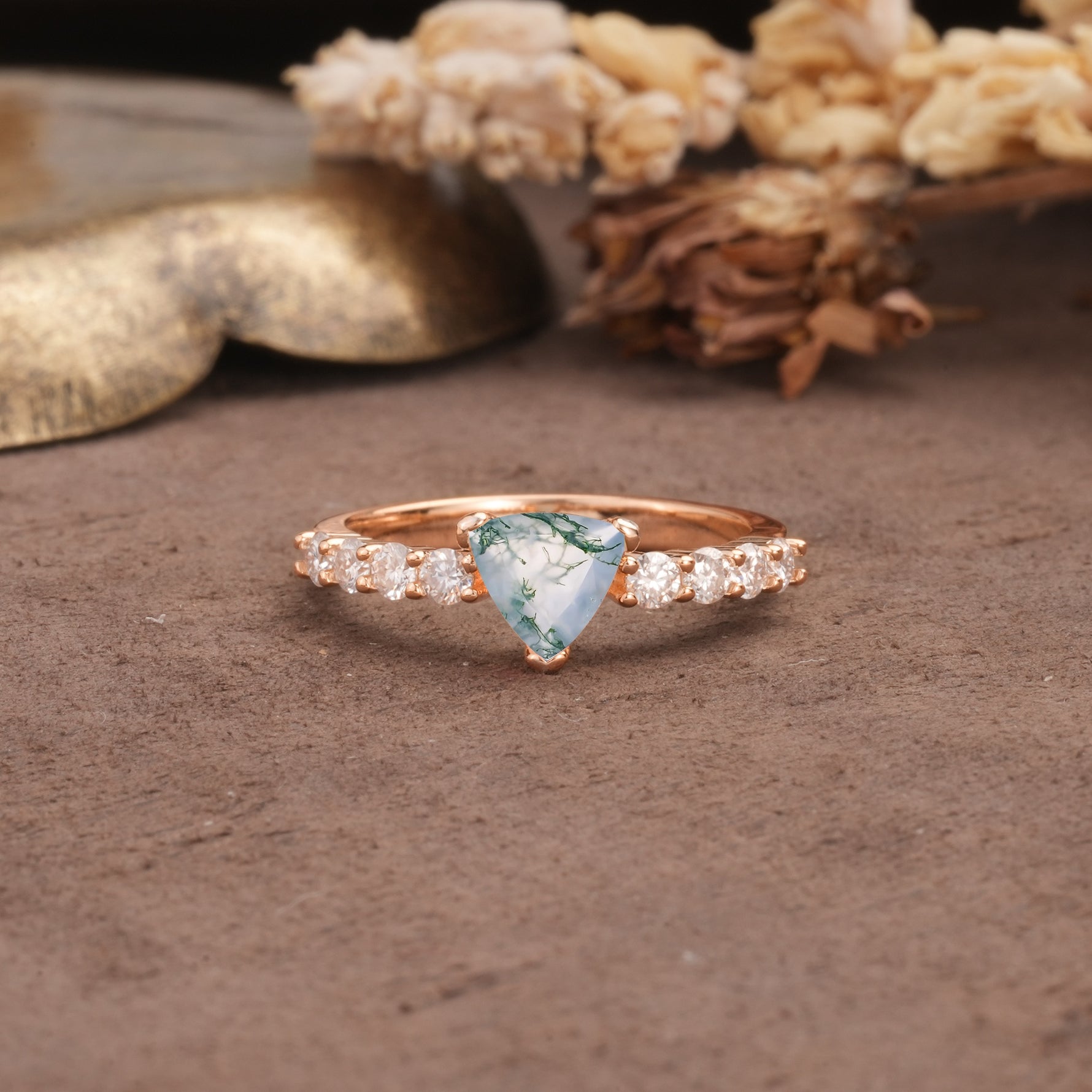 Unique and Luxurious Like 3-Prong Heart Cut Moss Agate Engagement Ring - Additional view