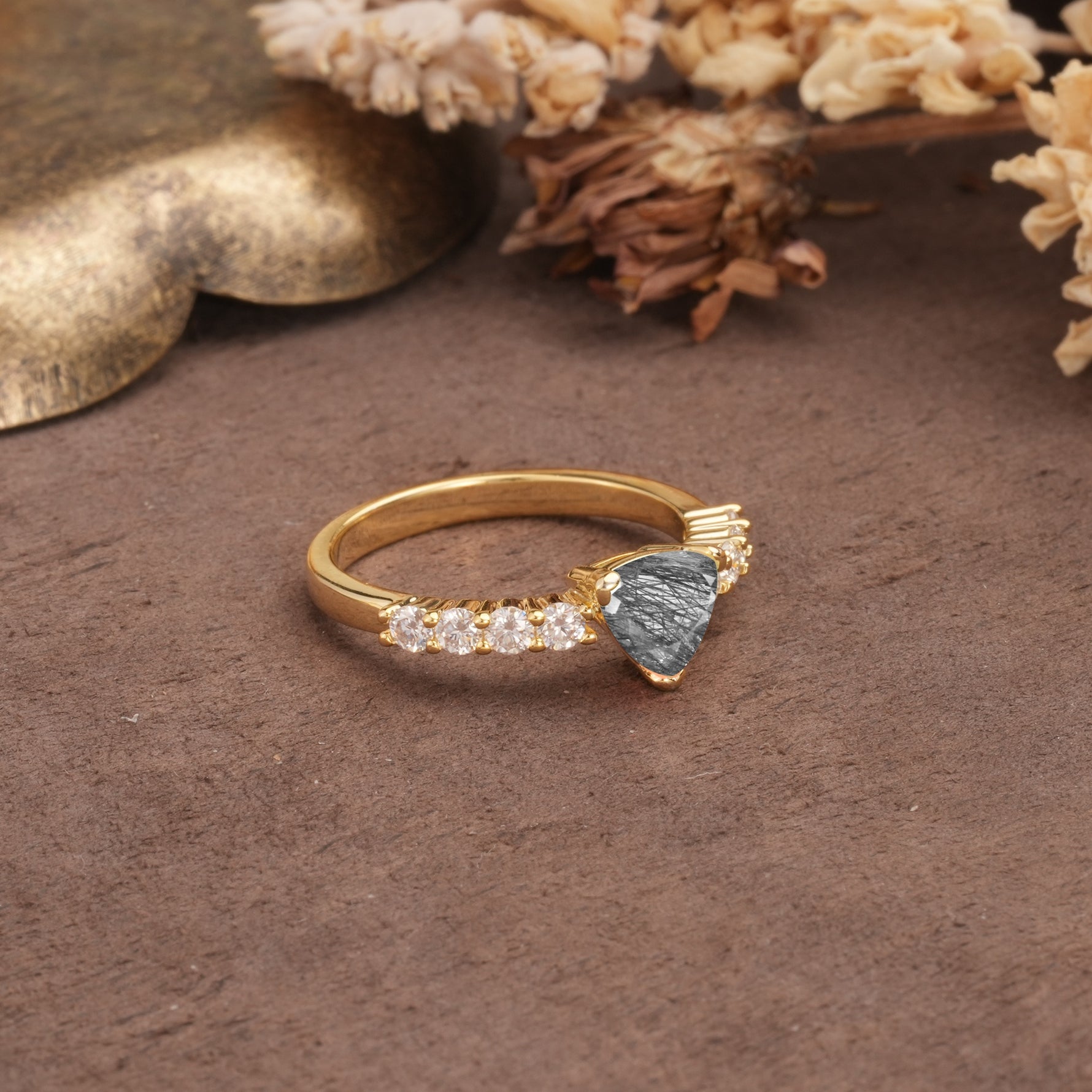 Unique and Luxurious Like 3-Prong Heart Cut Black Rutilated Quartz Engagement Ring - Additional view