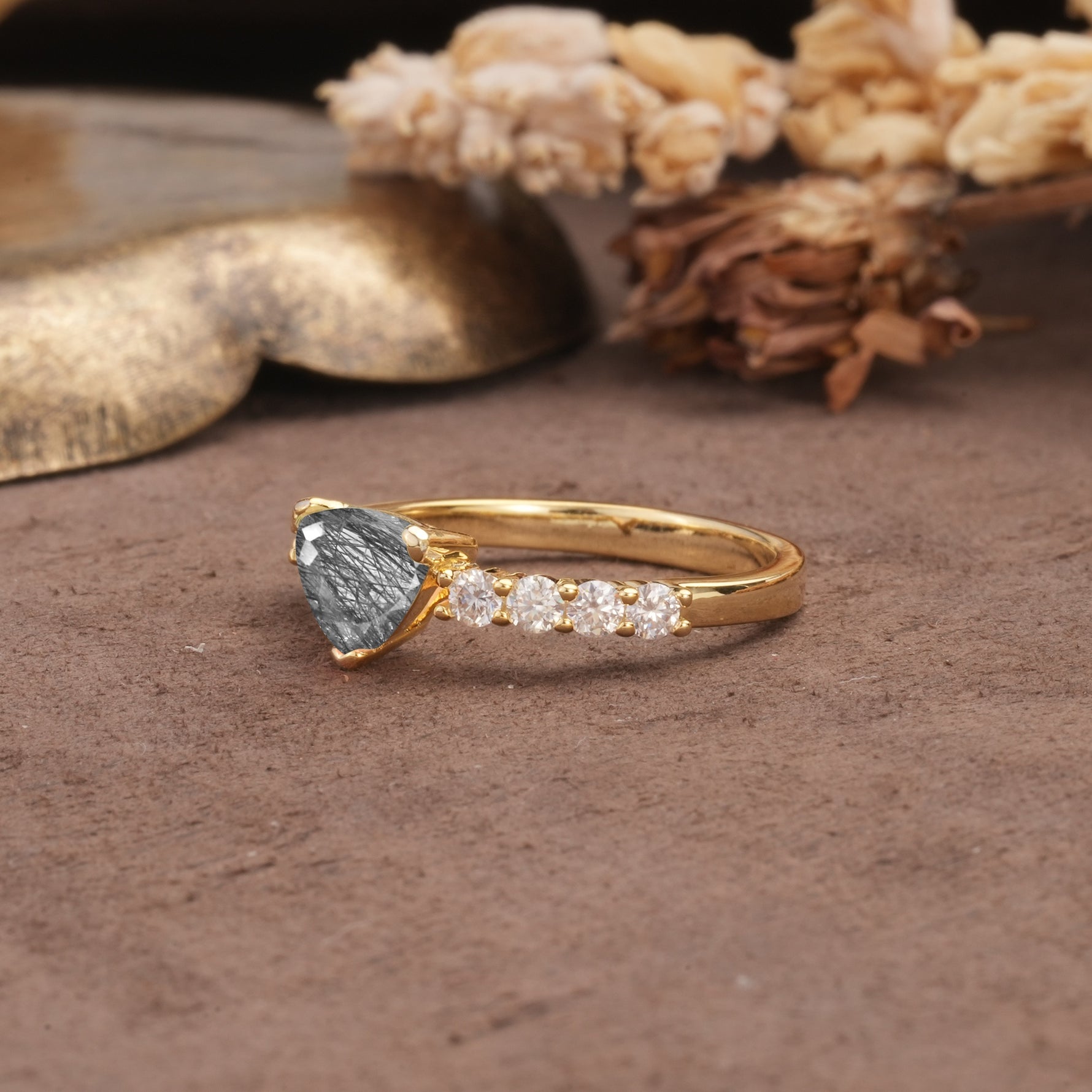 Unique and Luxurious Like 3-Prong Heart Cut Black Rutilated Quartz Engagement Ring - Additional view