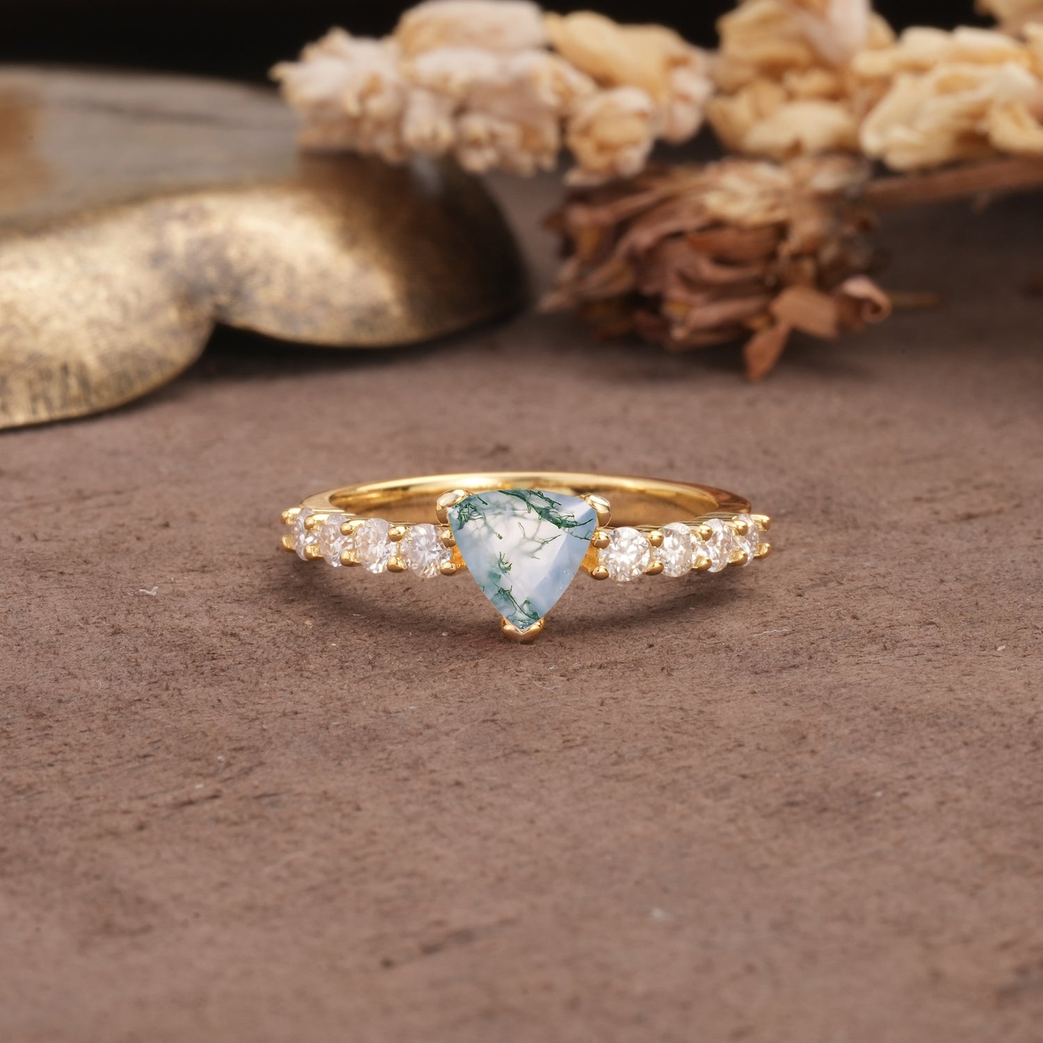 Unique and Luxurious Like 3-Prong Heart Cut Moss Agate Engagement Ring - Additional view