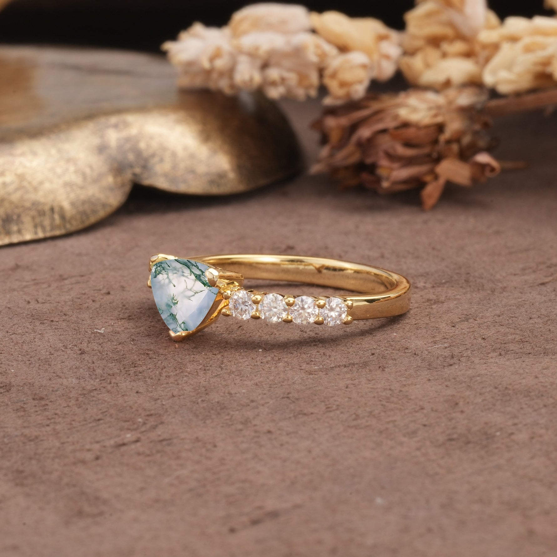 Unique and Luxurious Like 3-Prong Heart Cut Moss Agate Engagement Ring - Additional view
