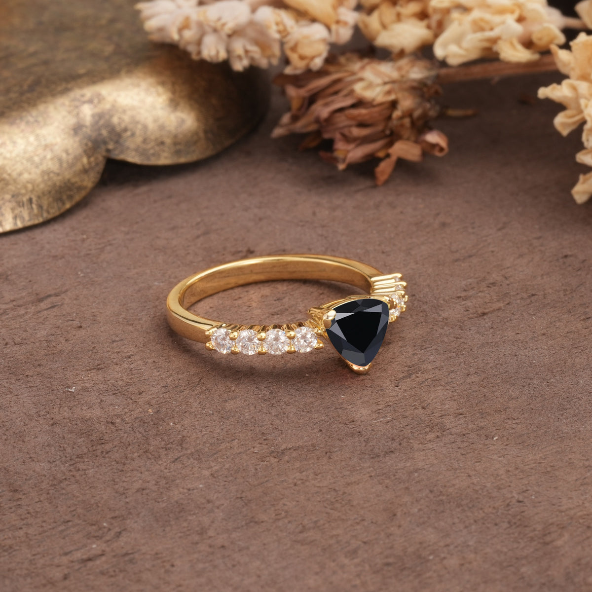 Unique and Luxurious Like 3-Prong Heart Cut Black Onyx Engagement Ring - Additional view