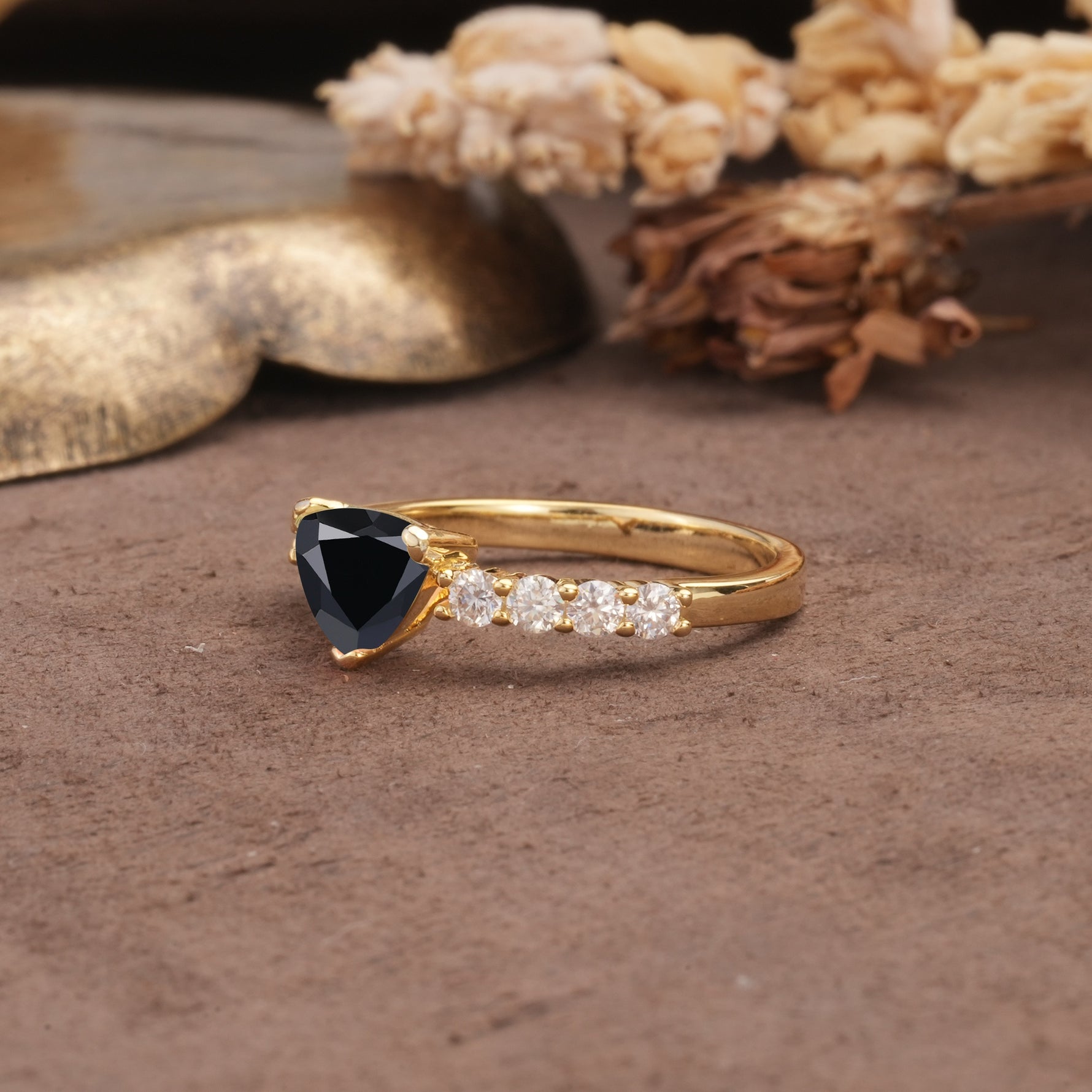 Unique and Luxurious Like 3-Prong Heart Cut Black Onyx Engagement Ring - Additional view
