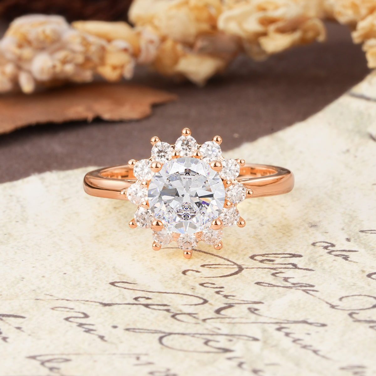 Dainty Vintage Script Background Sun Halo Round Cut Moissanite Engagement Ring - Additional view
